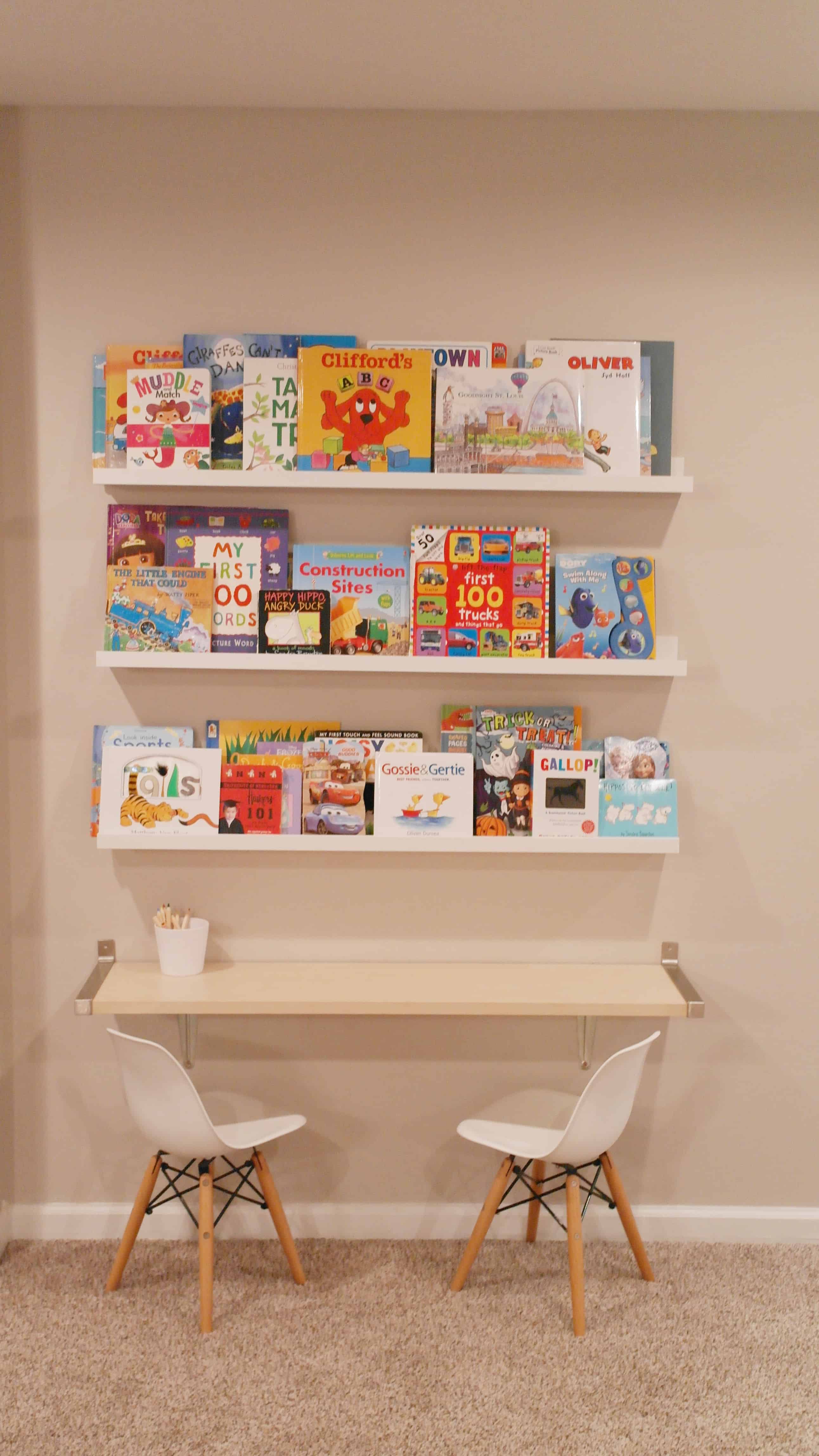 wall shelves with books and built in desk | Toy Storage Guide 