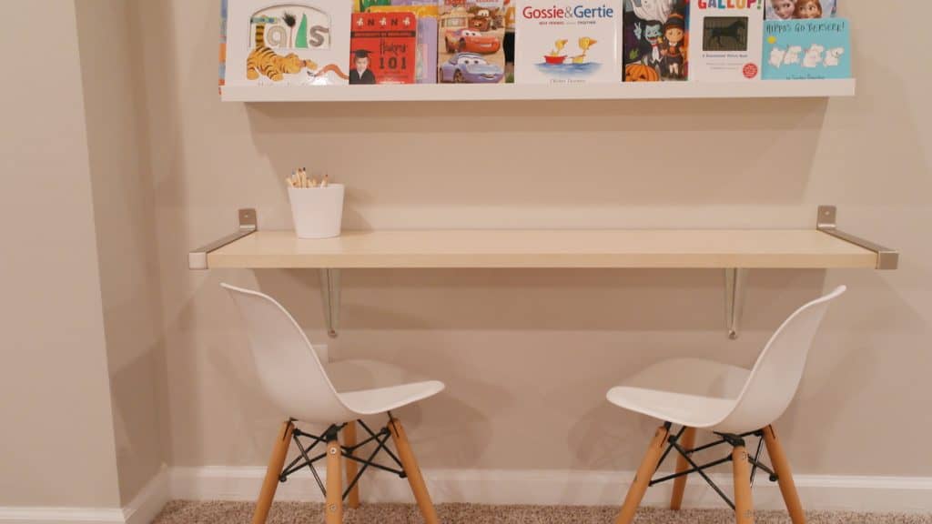 Book wall and desk | Basement Playroom