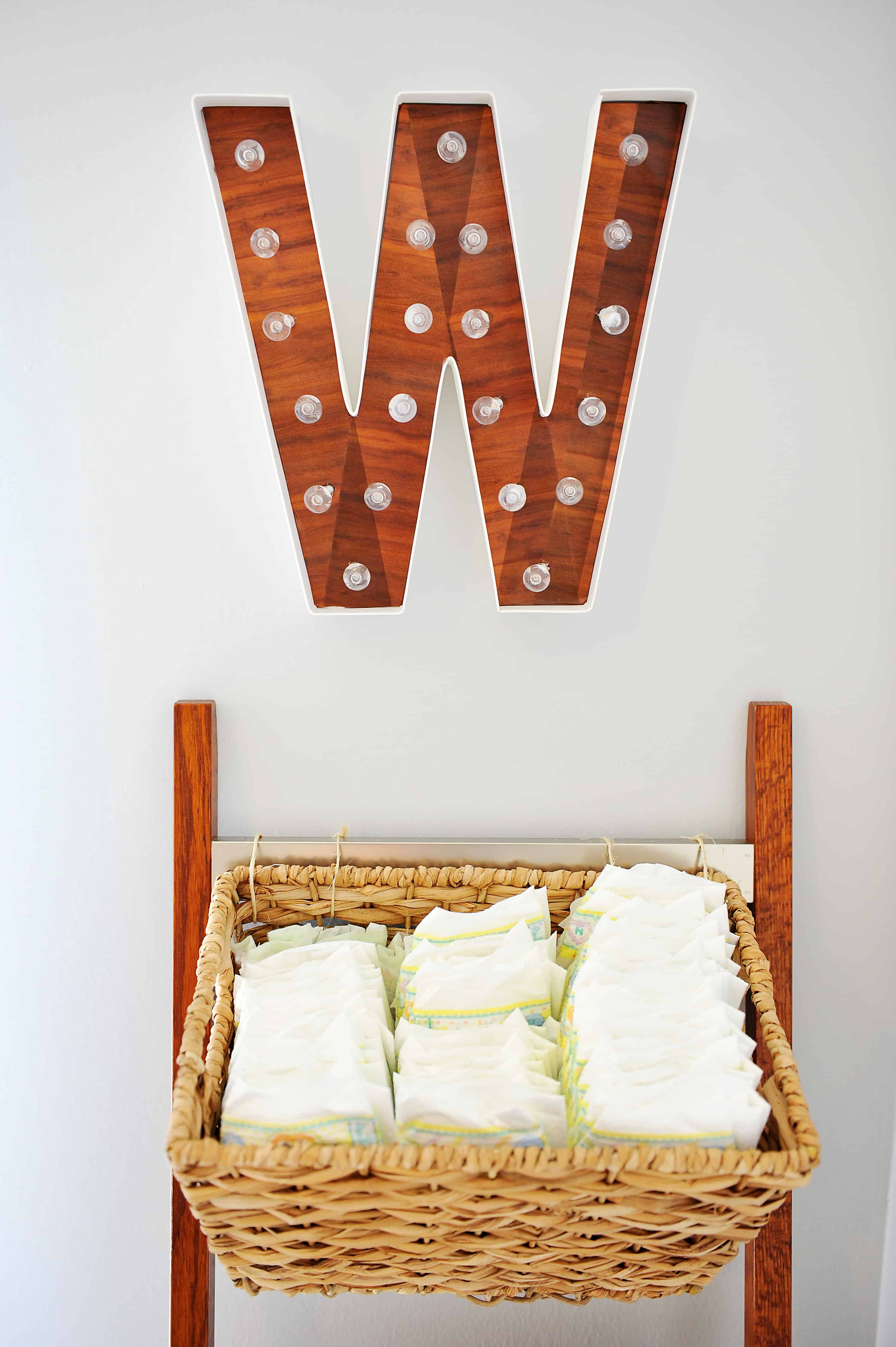 W marque letter and diaper basket | DIY Storage Ladder 