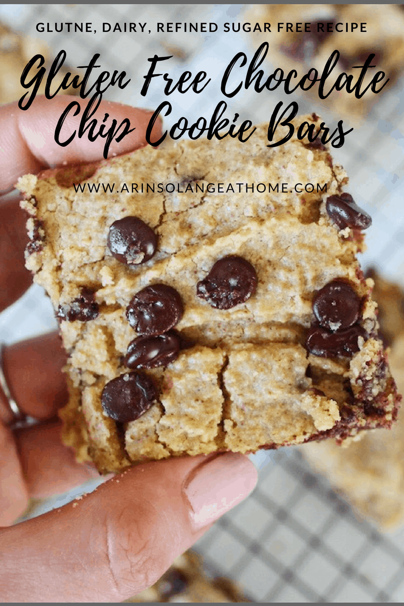 Gluten Free Chocolate Chip Cookie Bars - Gluten free, dairy free, refined sugar free Dessert Recipe - www.arinsolangeathome.com