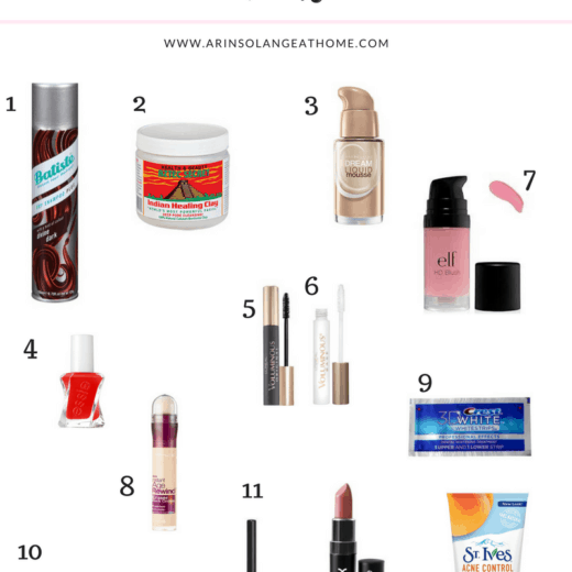 collage of budget friendly drug store beauty products