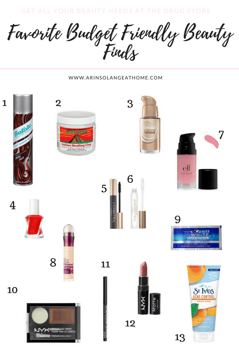 collage of budget friendly drug store beauty products