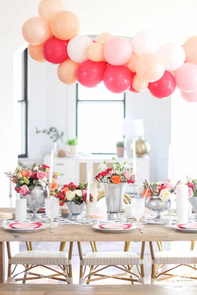 floral tablescape with balloons over 