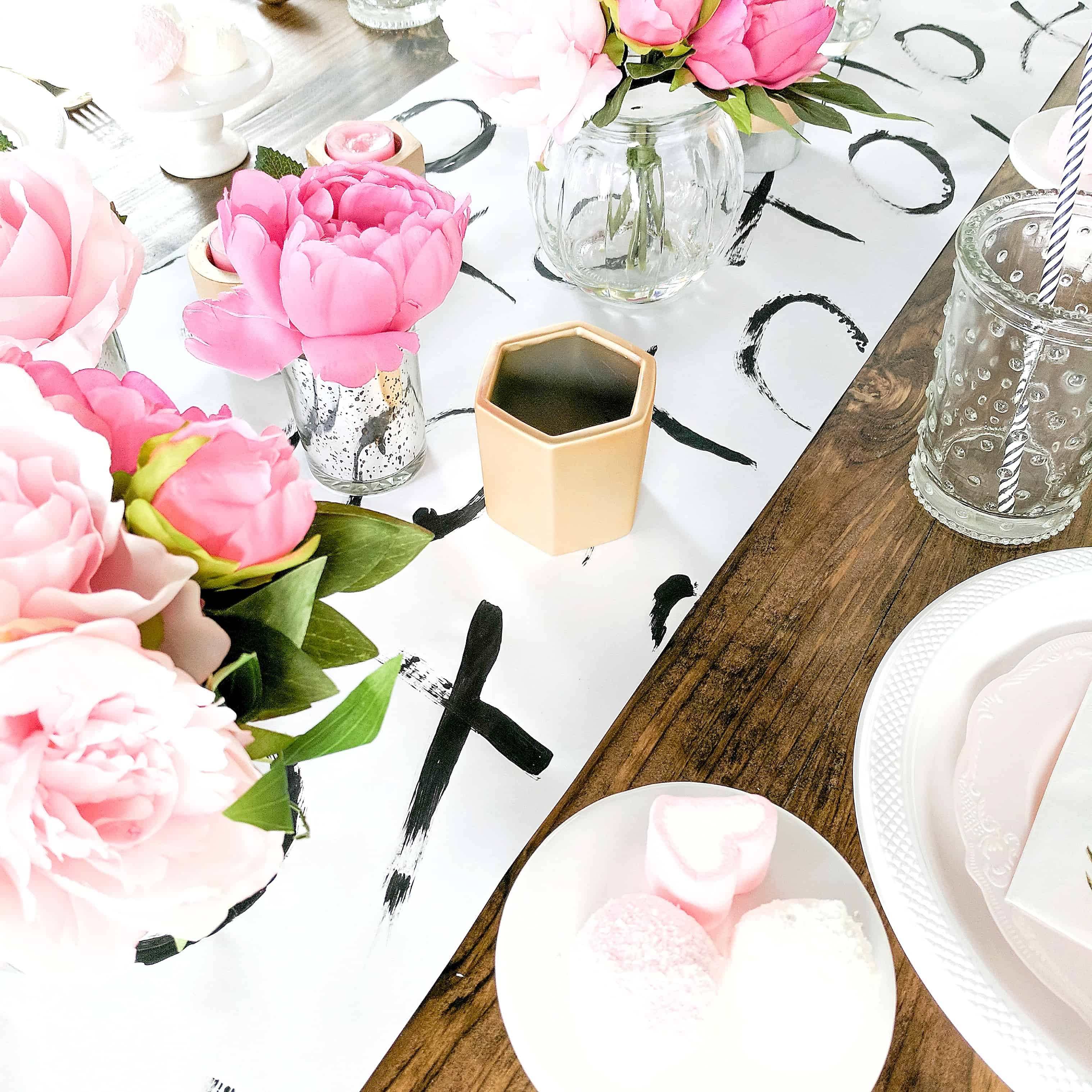 Black and white table runner with floral and gold accents | Valentine's Day Party 