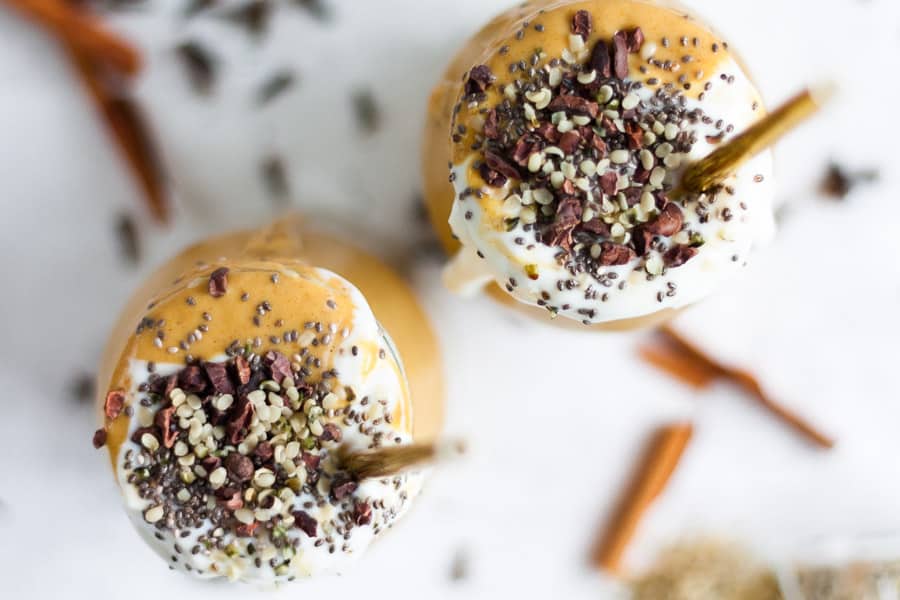 top view of smoothies topped with seeds