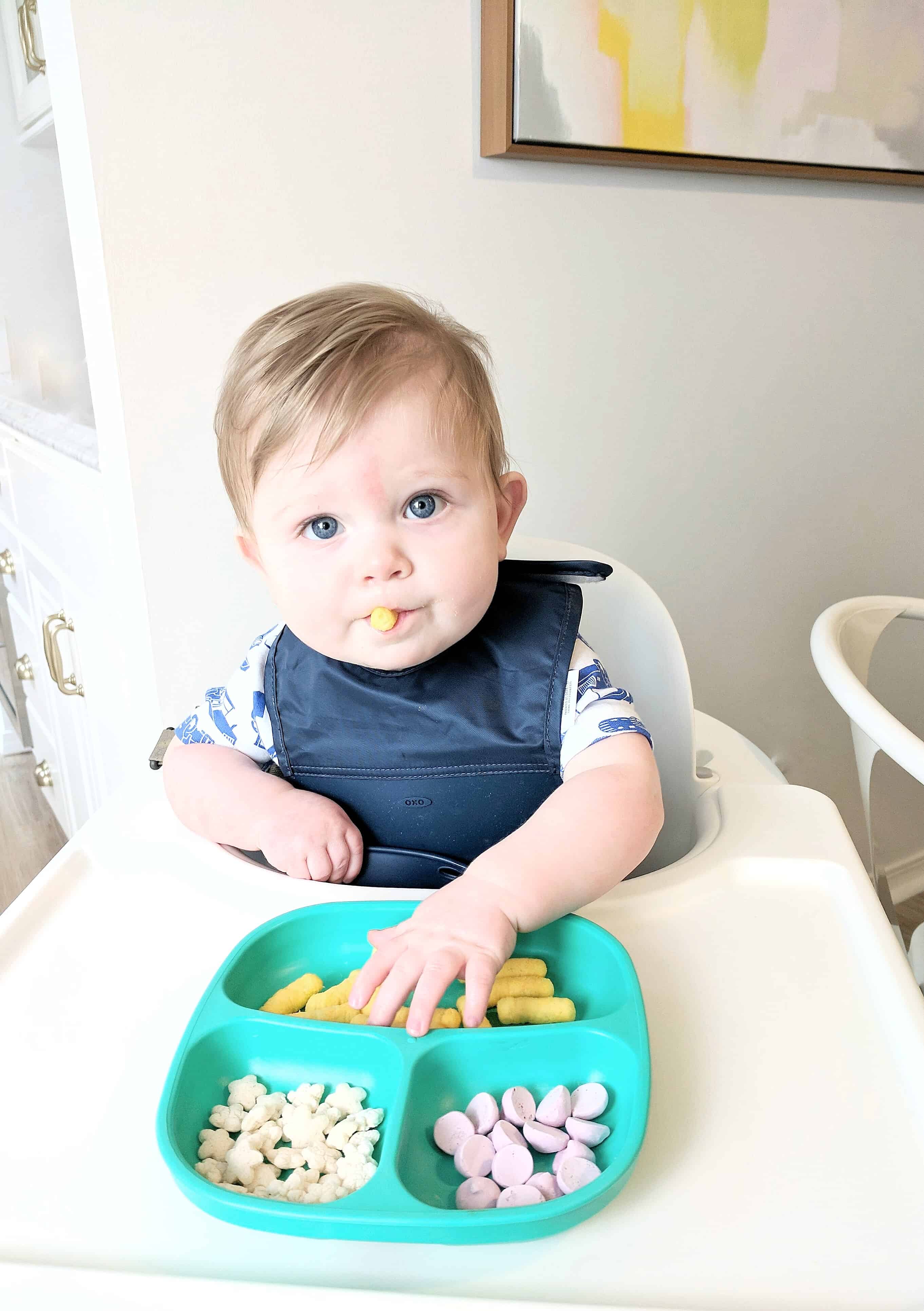 baby boy eating a plate of snacks | Feeding Babies On The Go 