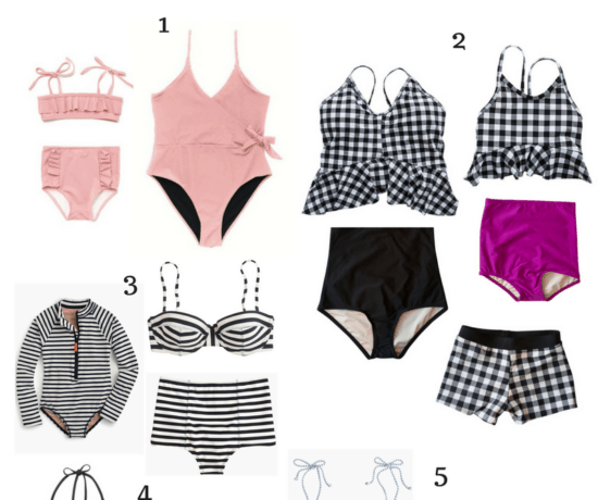 collage of swimsuits for moms and littles