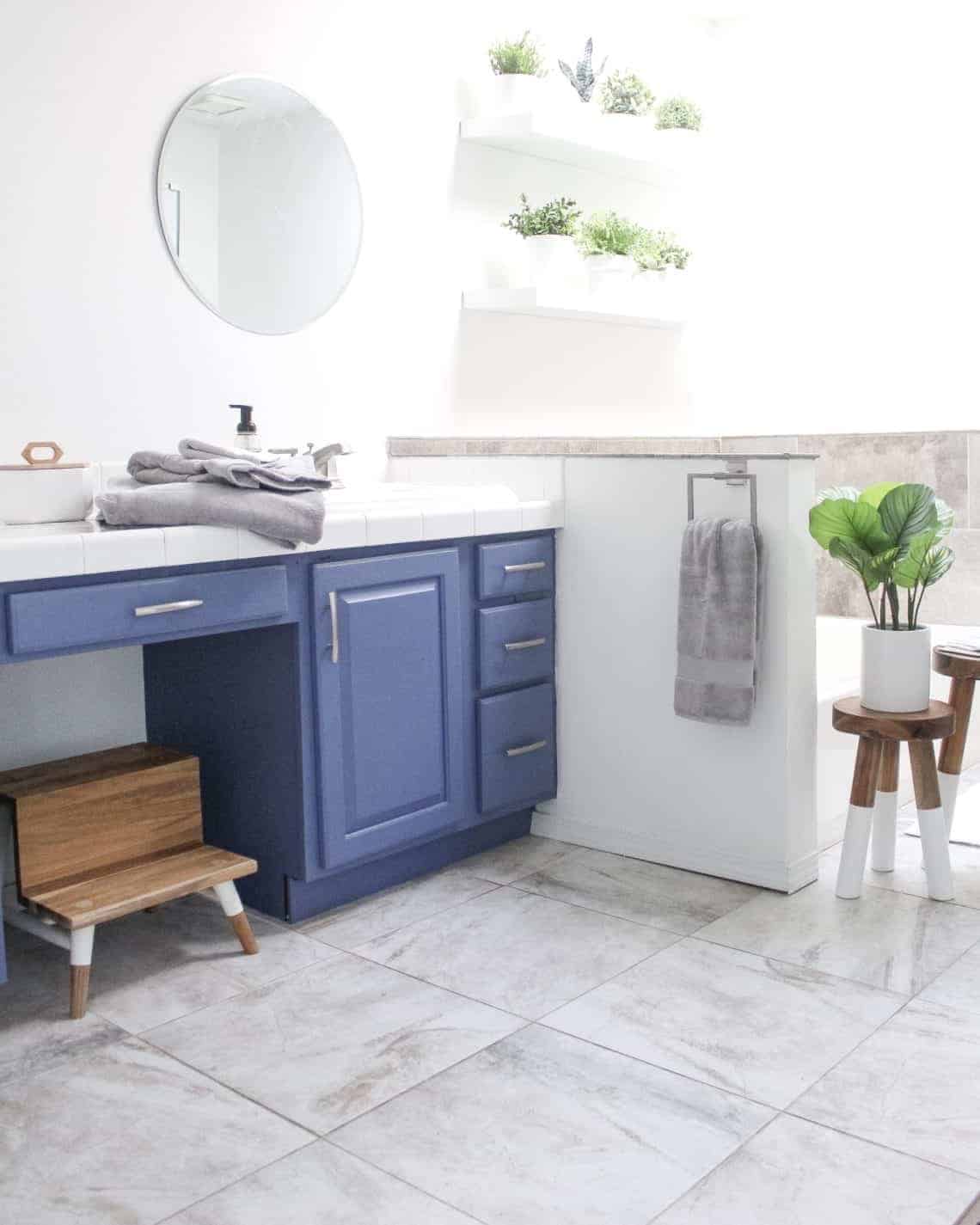 Blue cabinets in bathroom 