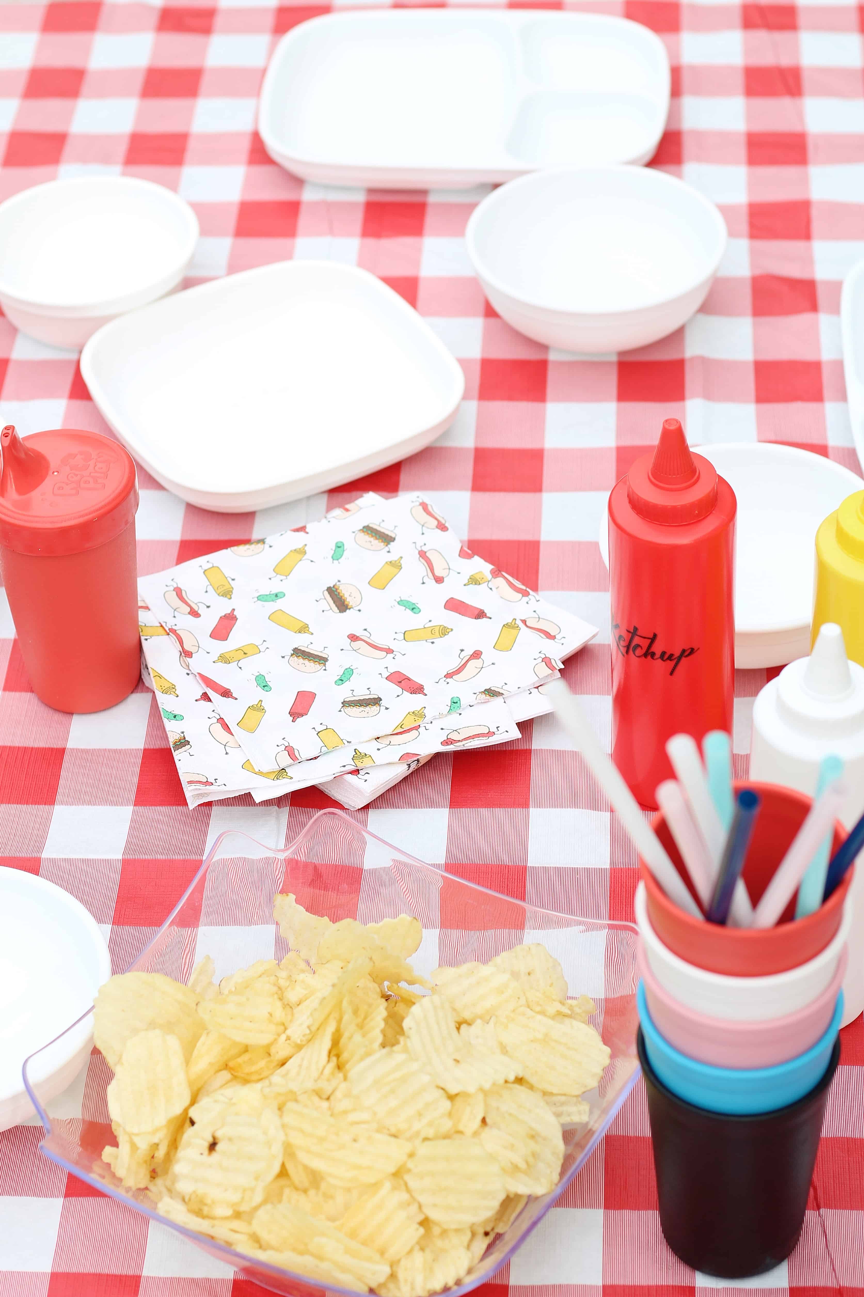 table scape with red and white table cloth