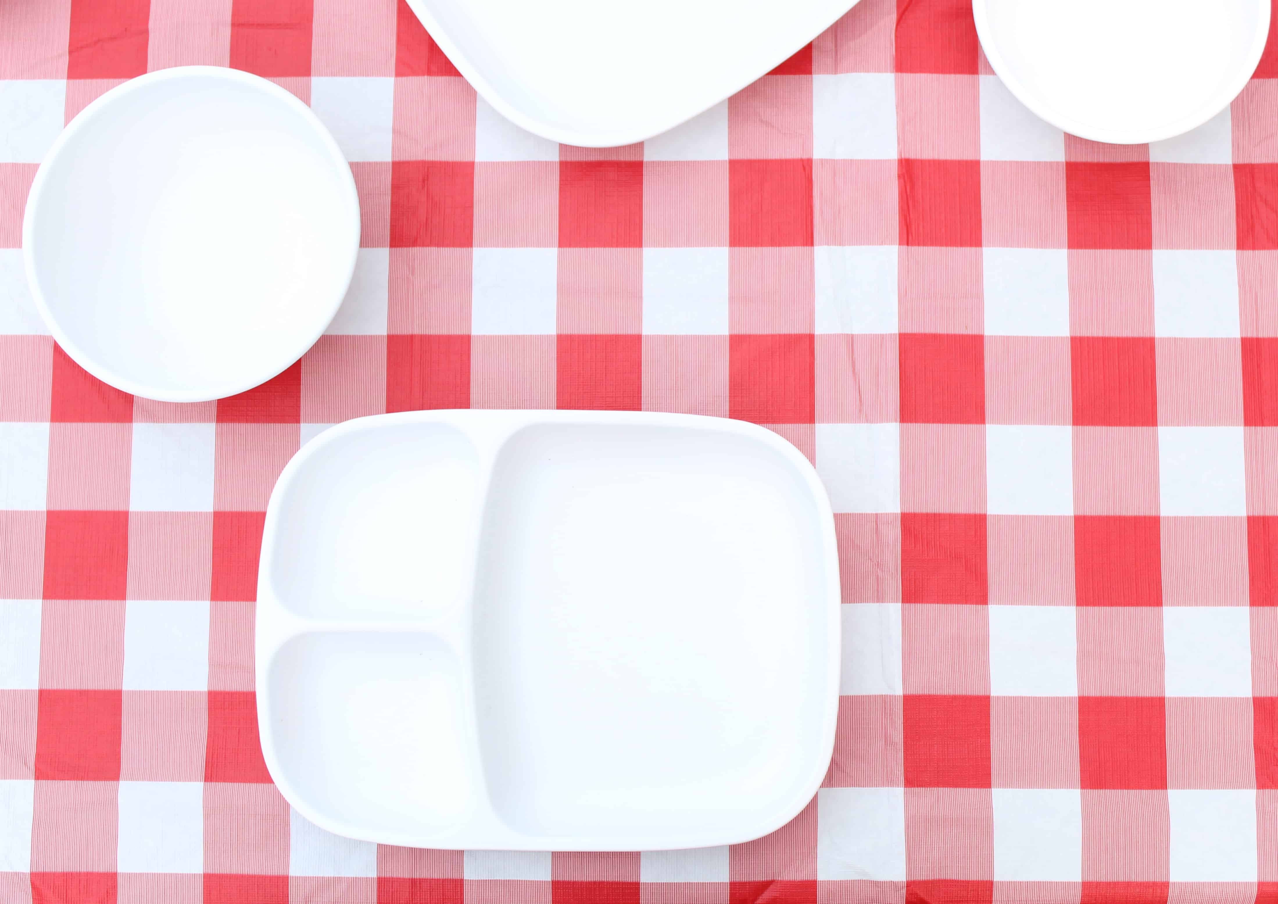 white divided replay recycled plates on red and white table cloth