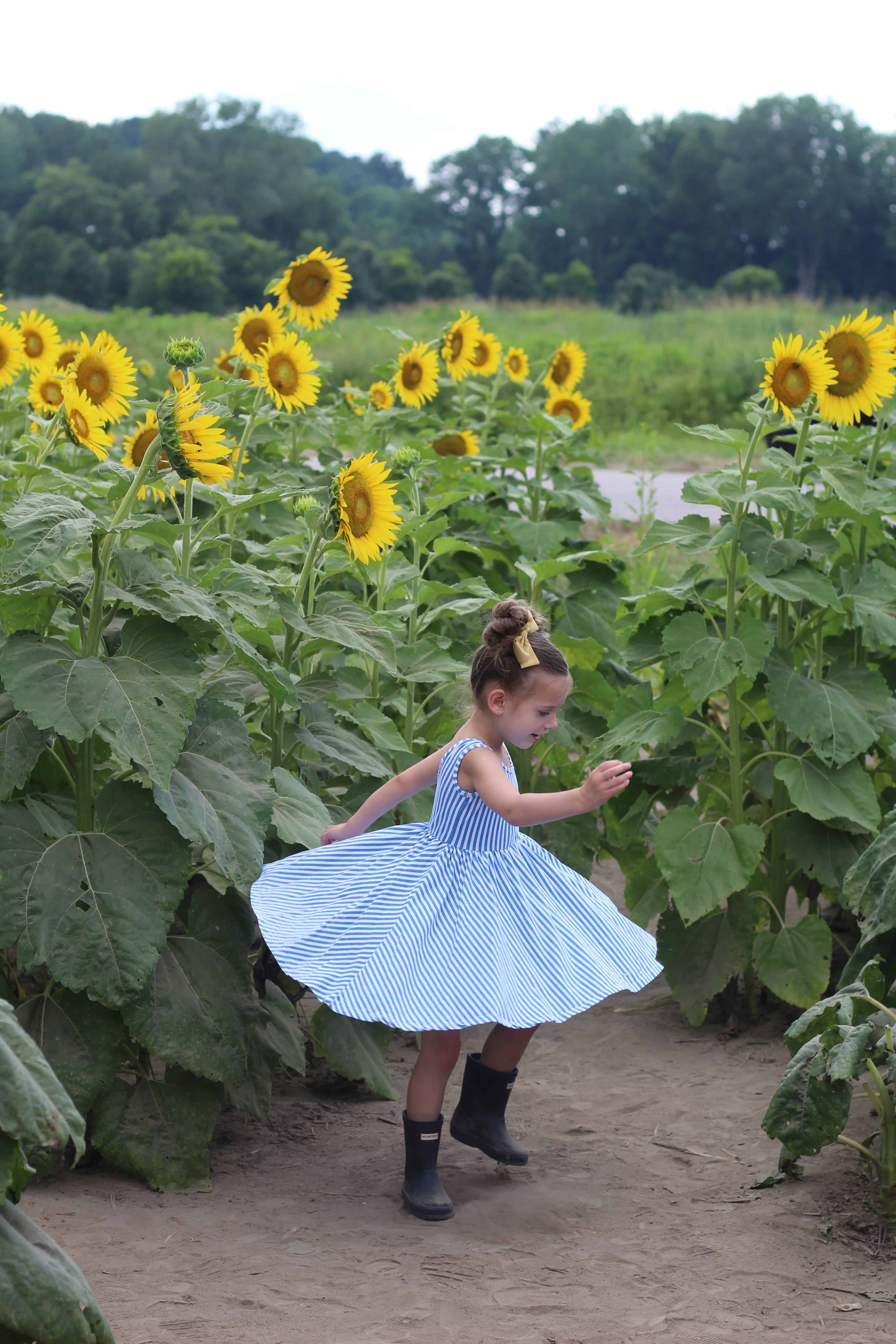 little girl twirling in a sunflower field