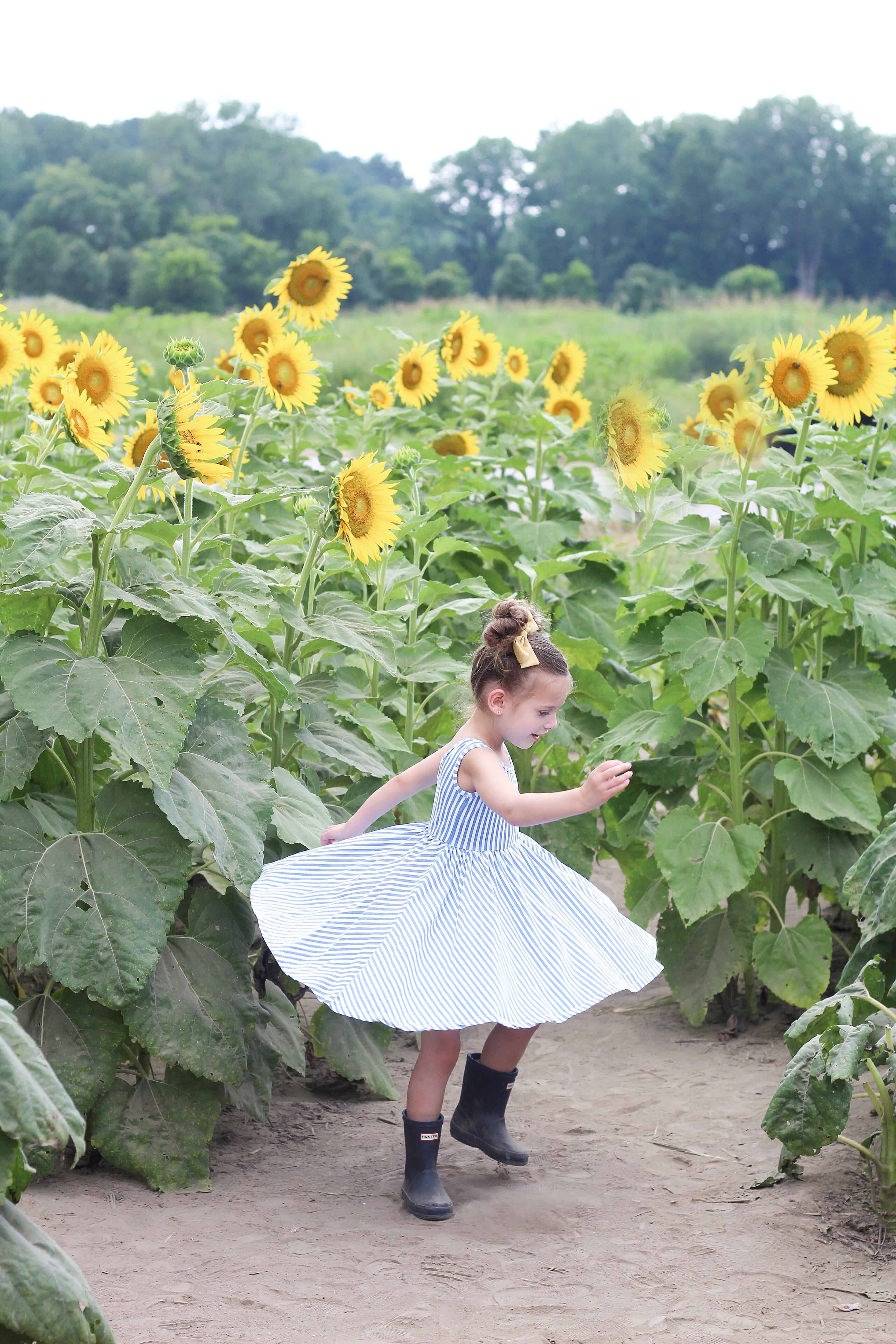 little girl twirling in a sunflower field in an Alice and Ames dress