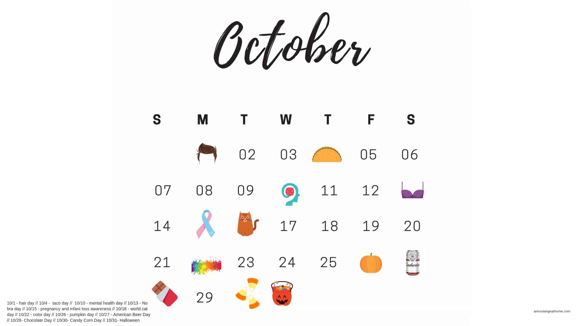 October Calendar arinsolangeathome