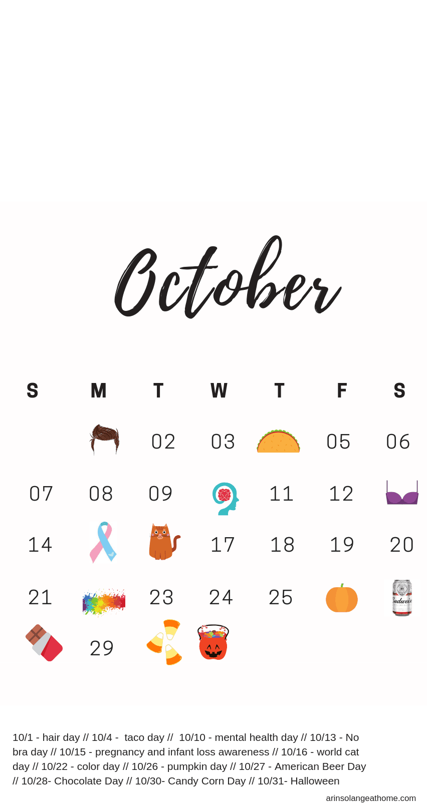 October National Days Calendar - arinsolangeathome