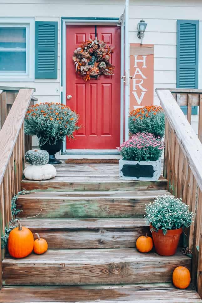Red door fall front porch
