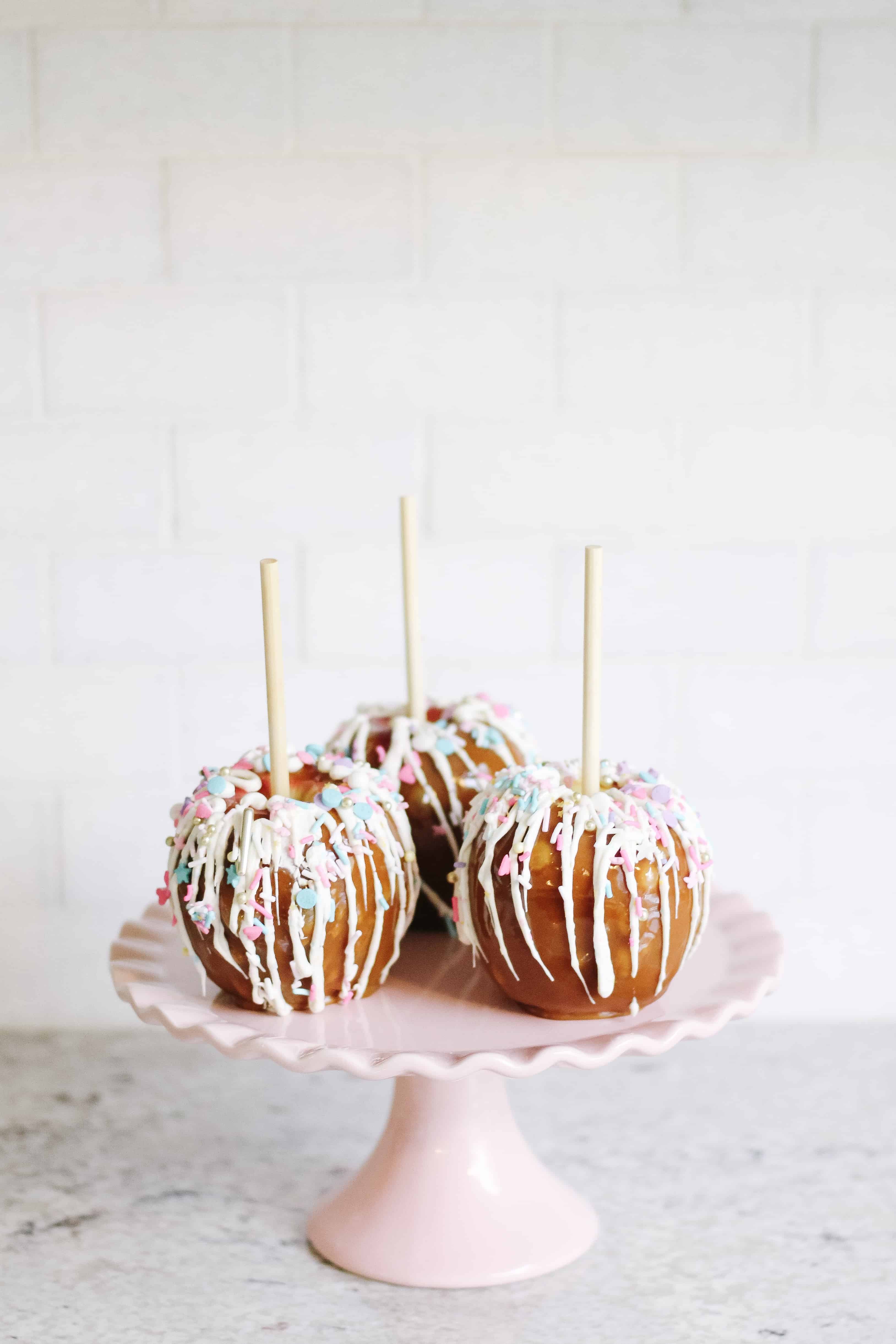 Unicorn Caramel Apples on Pink Cake Stand