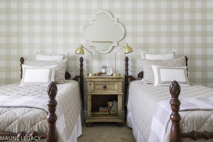 tan gingham walls boys shared room with two twin beds