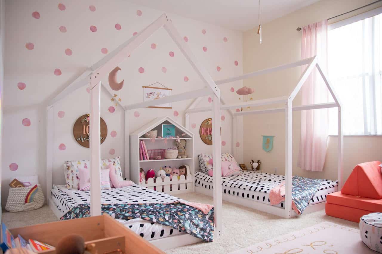 Montessori house floor beds in colorful room