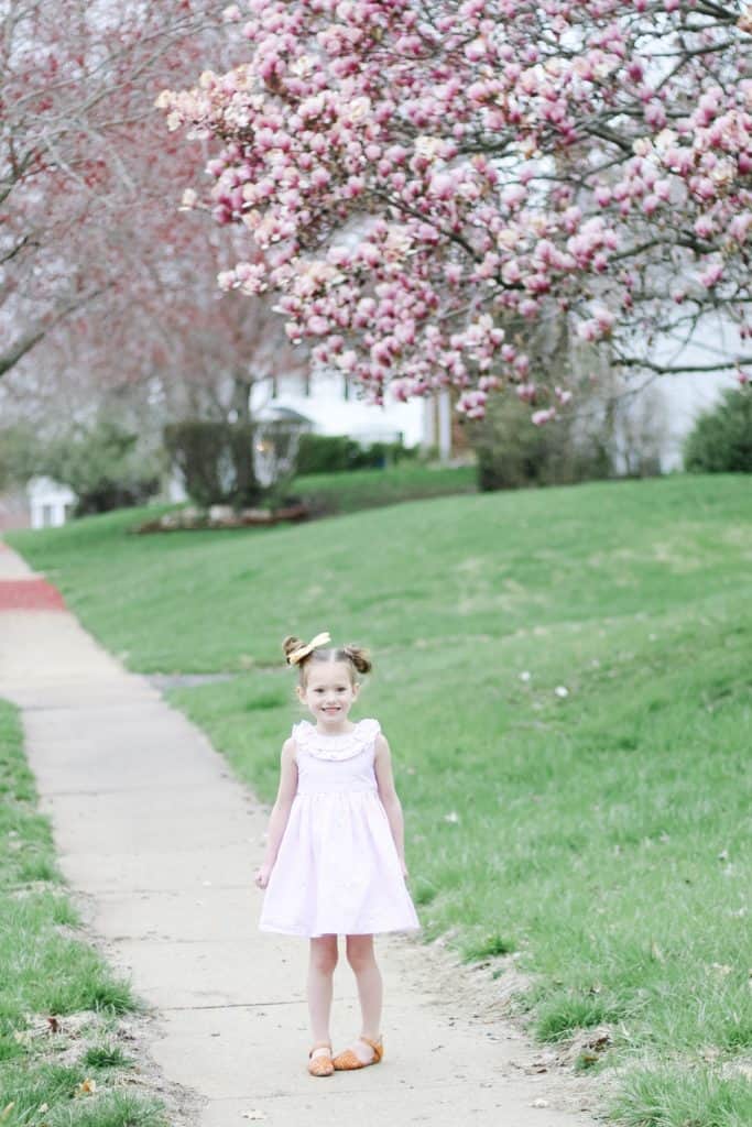 Toddler Girl in pink seersucker dress