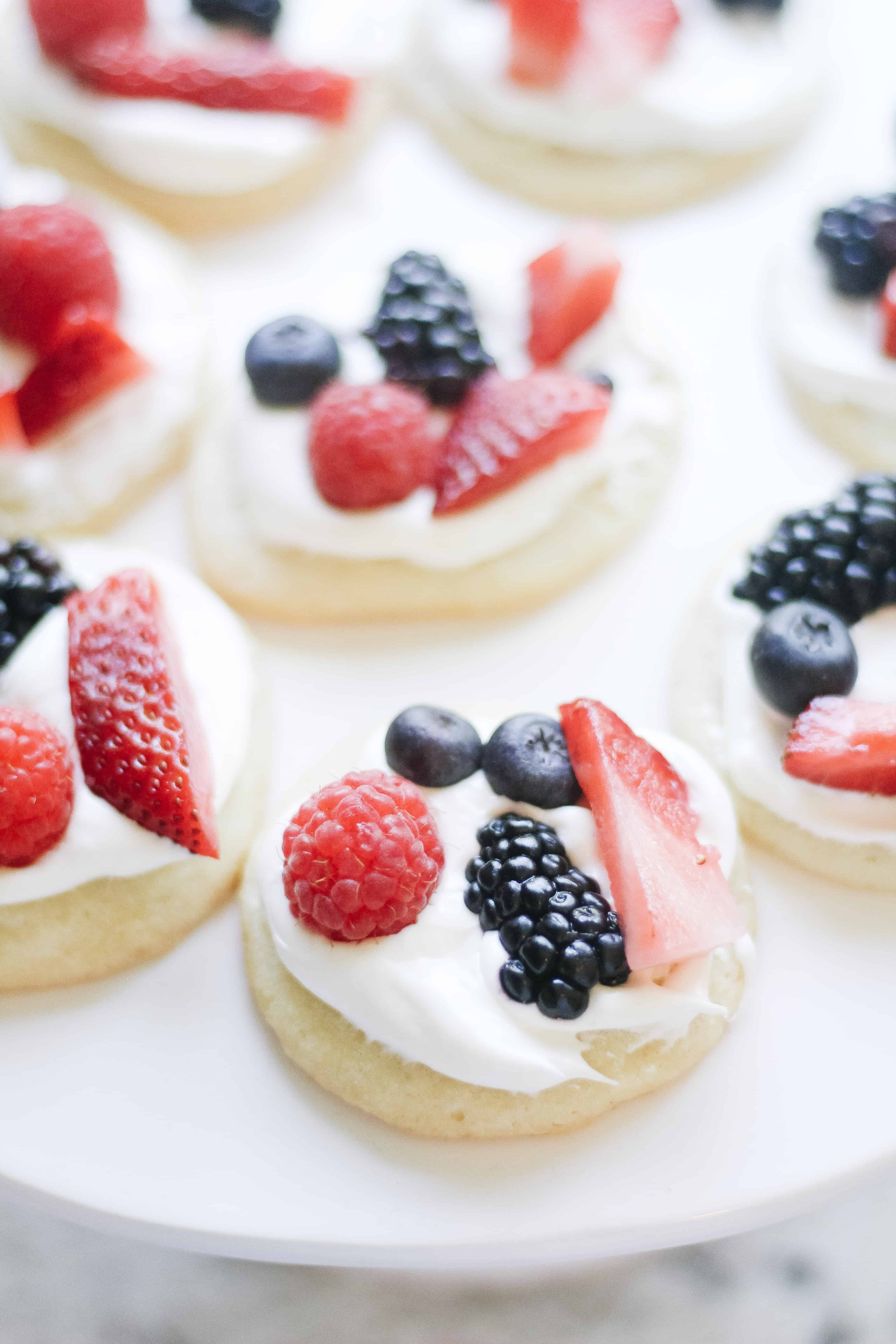 White tray with mini fruit pizza cookies