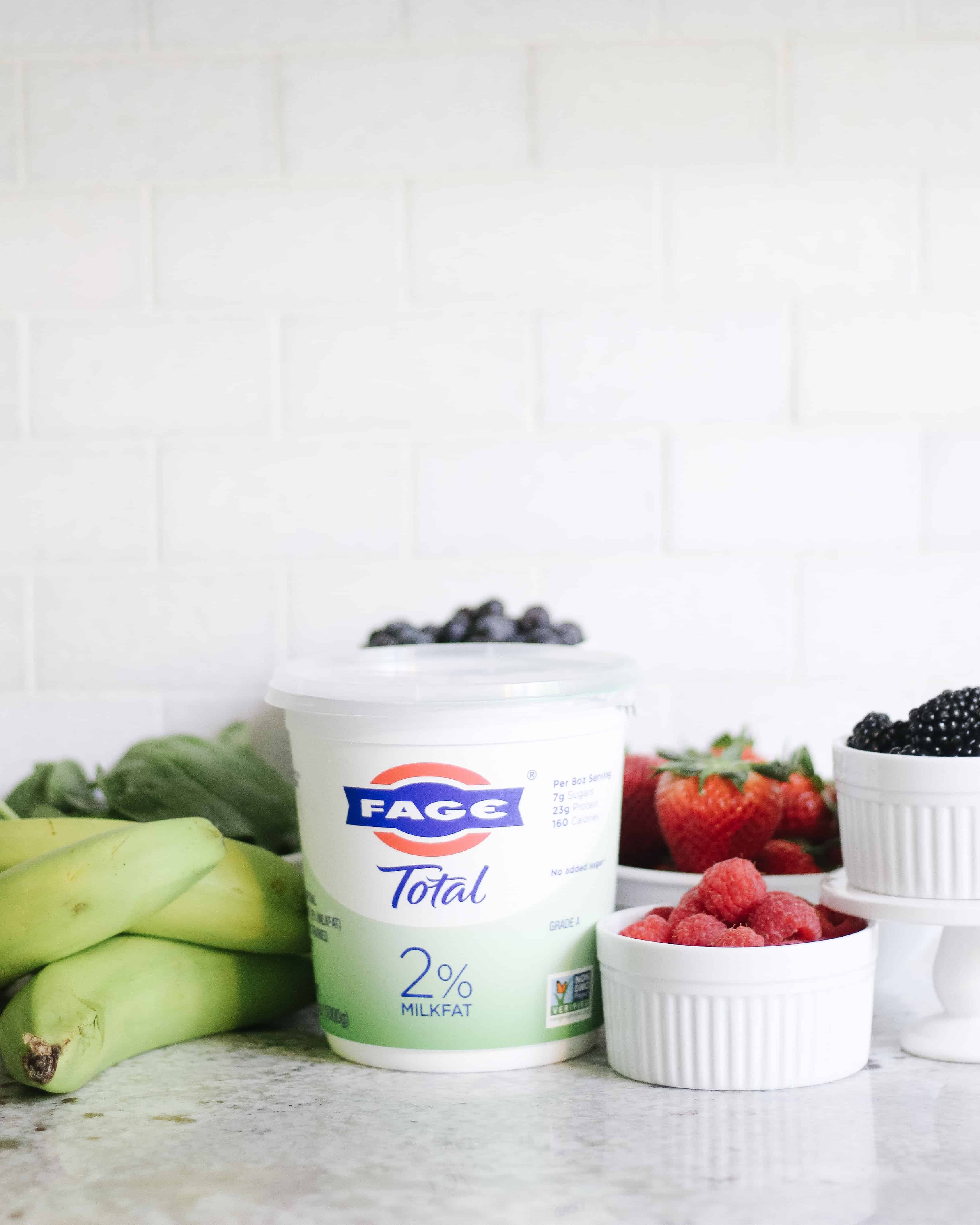 FAGE yogurt and all the other ingredients for a smoothie