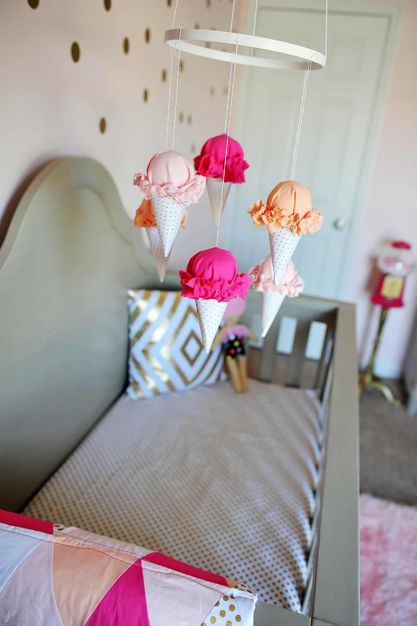 Girls Nursery with hanging ice-cream cone mobile