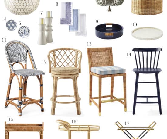 A collage of coastal modern dining room furniture and decor from Serena and Llily