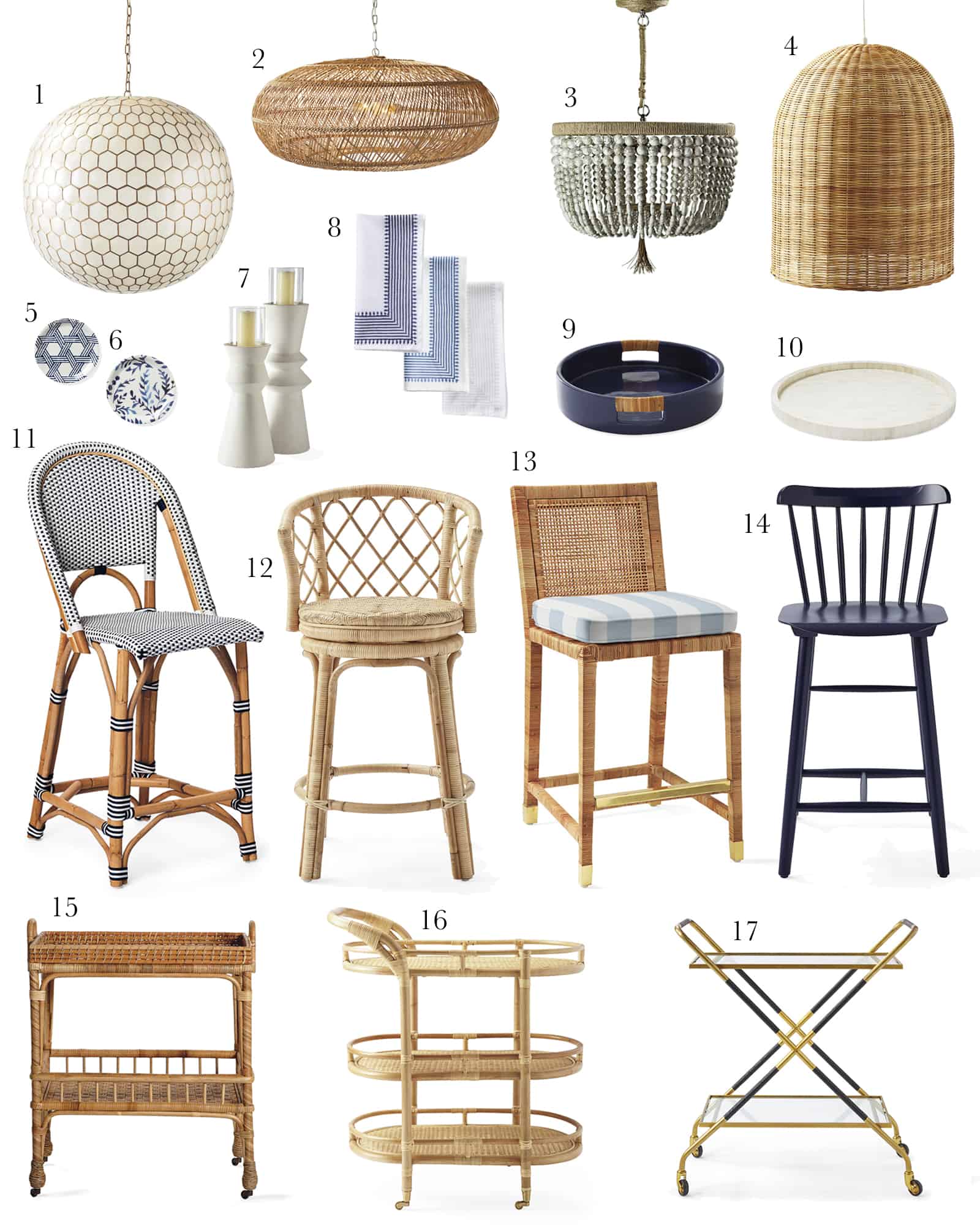 A collage of coastal modern dining room furniture and decor from Serena and Llily