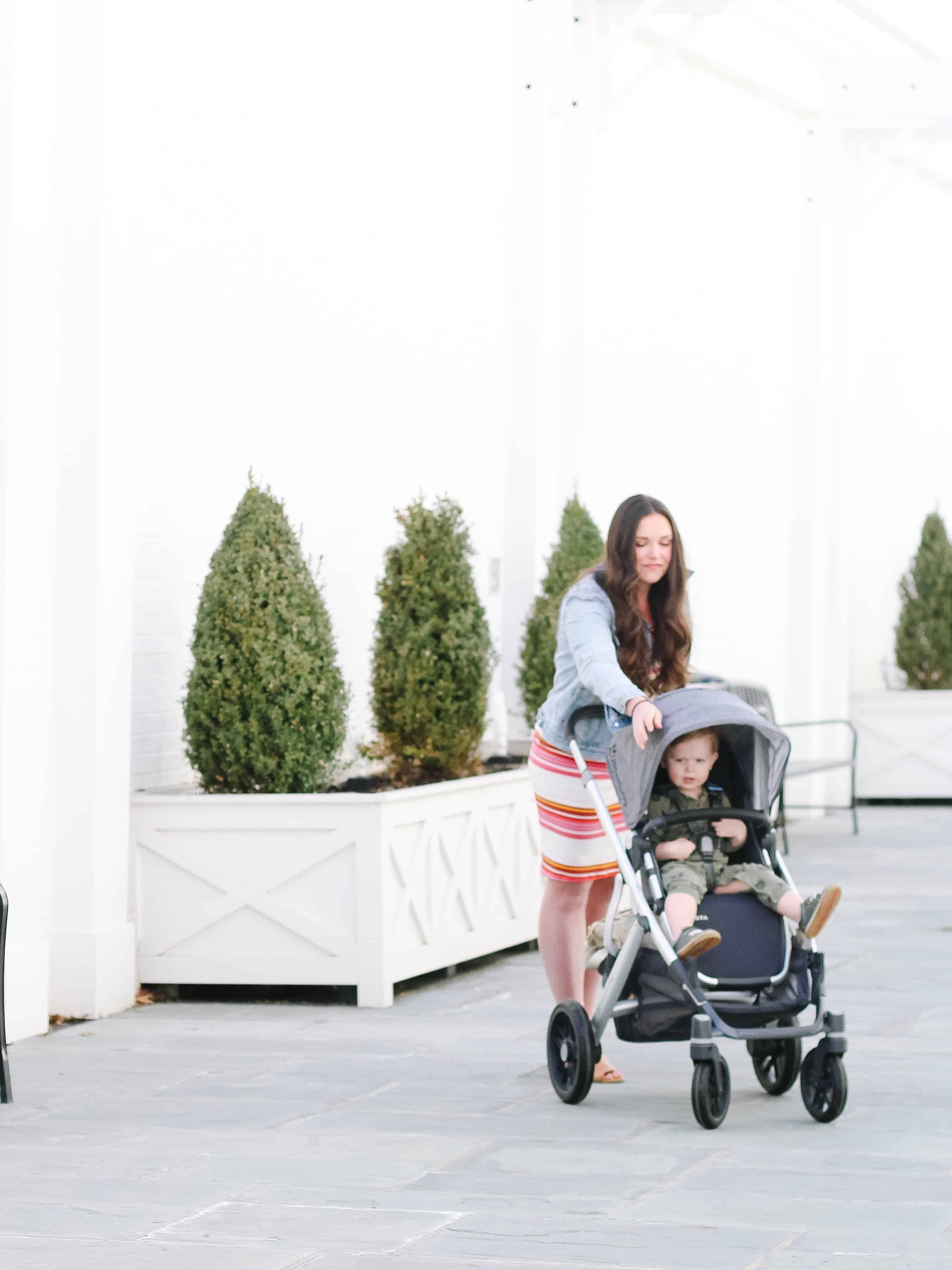 mom pushing toddler in UPPAbaby VISTA stroller 