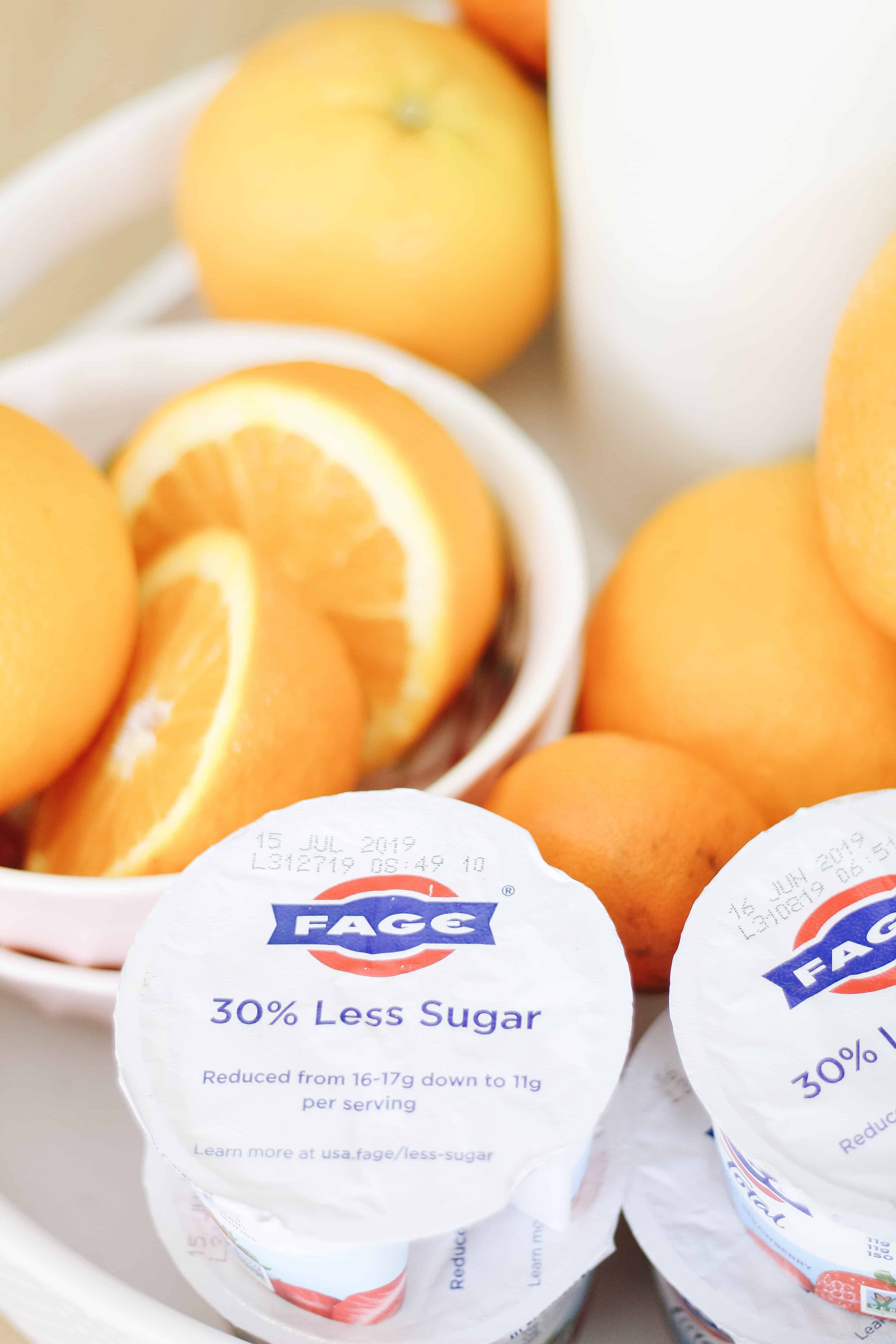 FAGE yogurt next to oranges