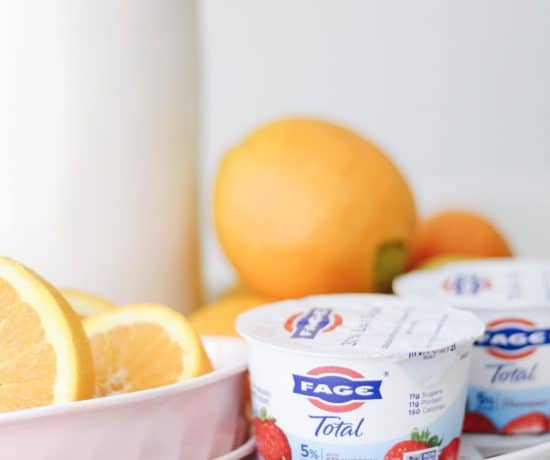 FAGE yogurt next to oranges