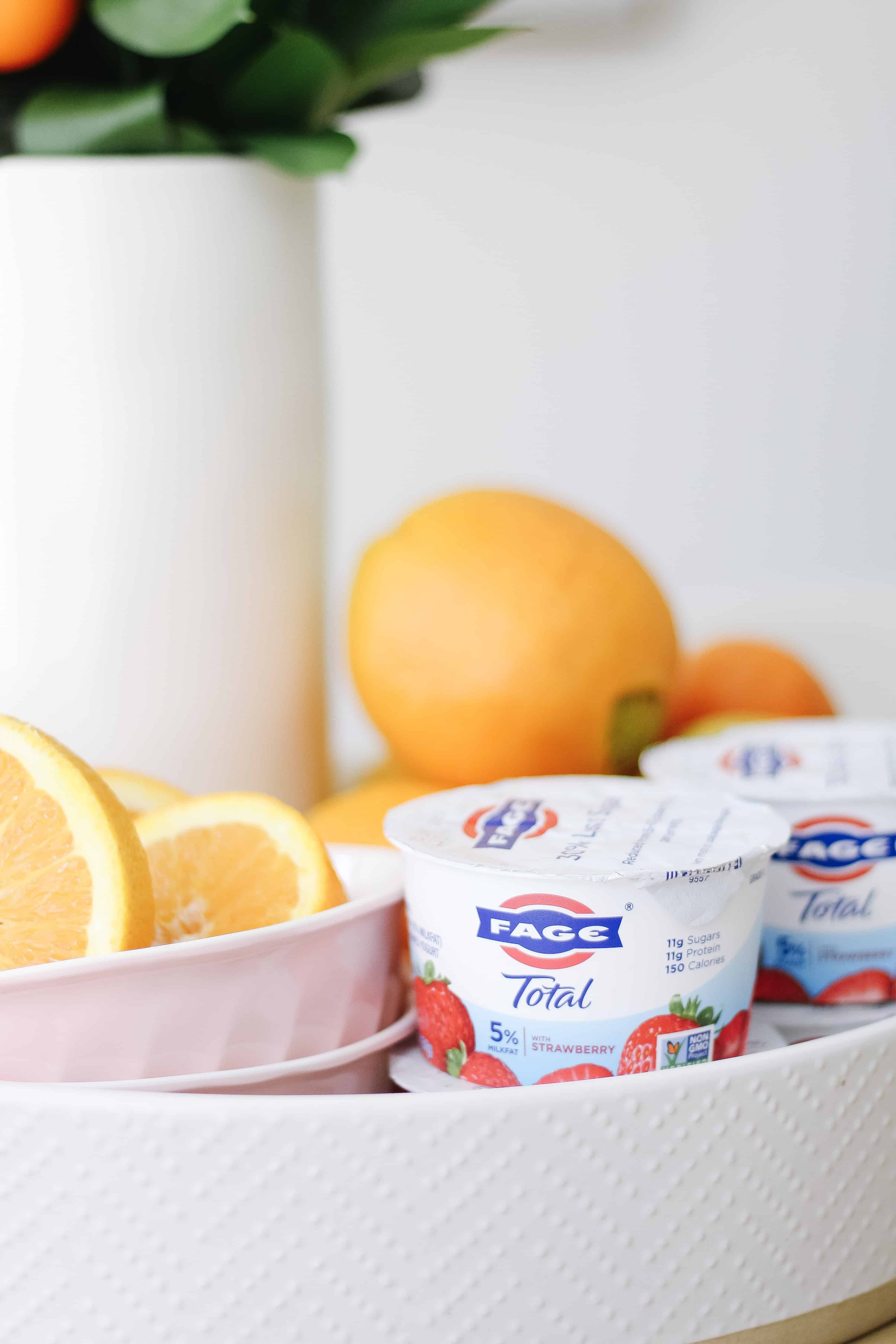 FAGE yogurt next to oranges