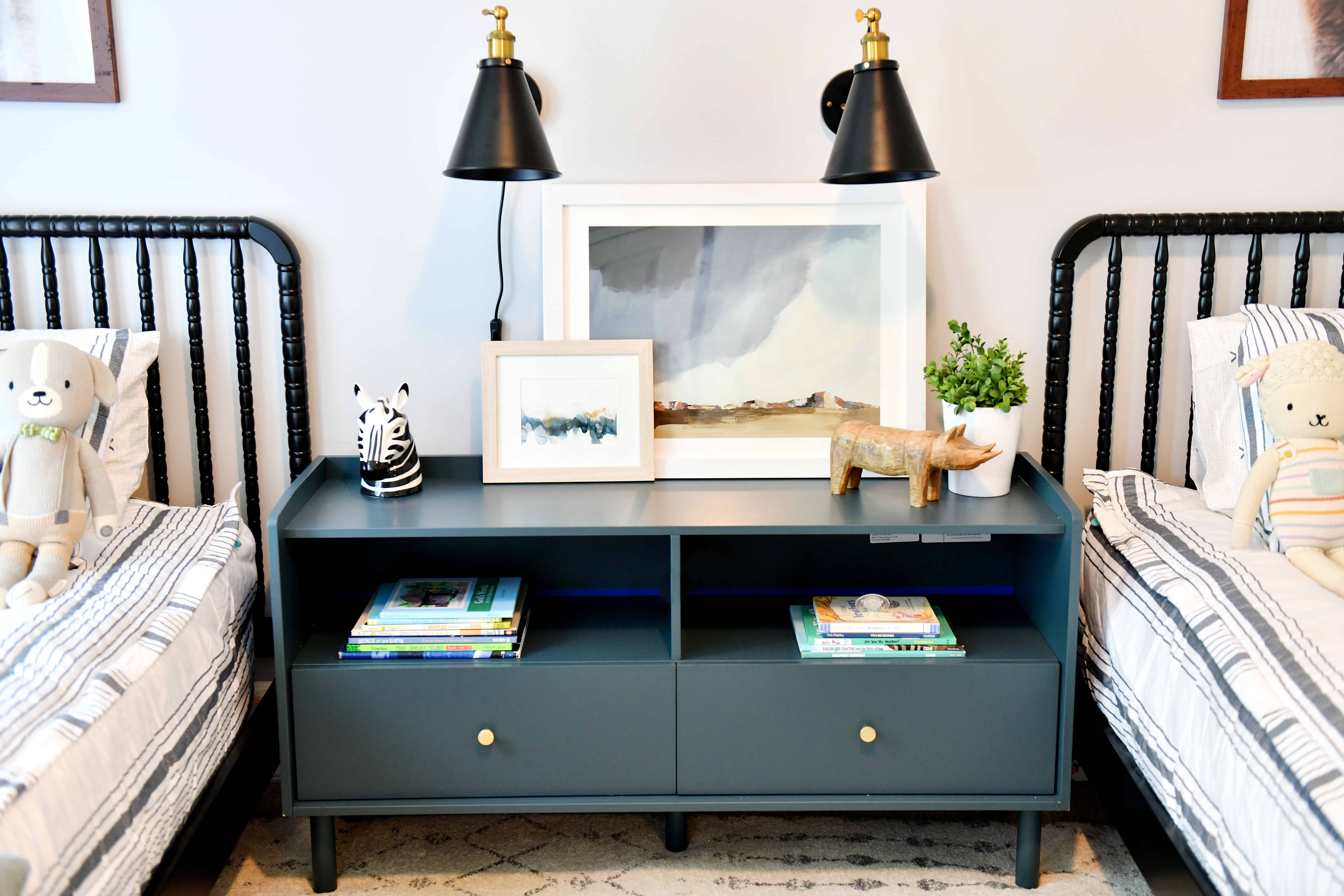 Green Tv Stand as dresser between two beds
