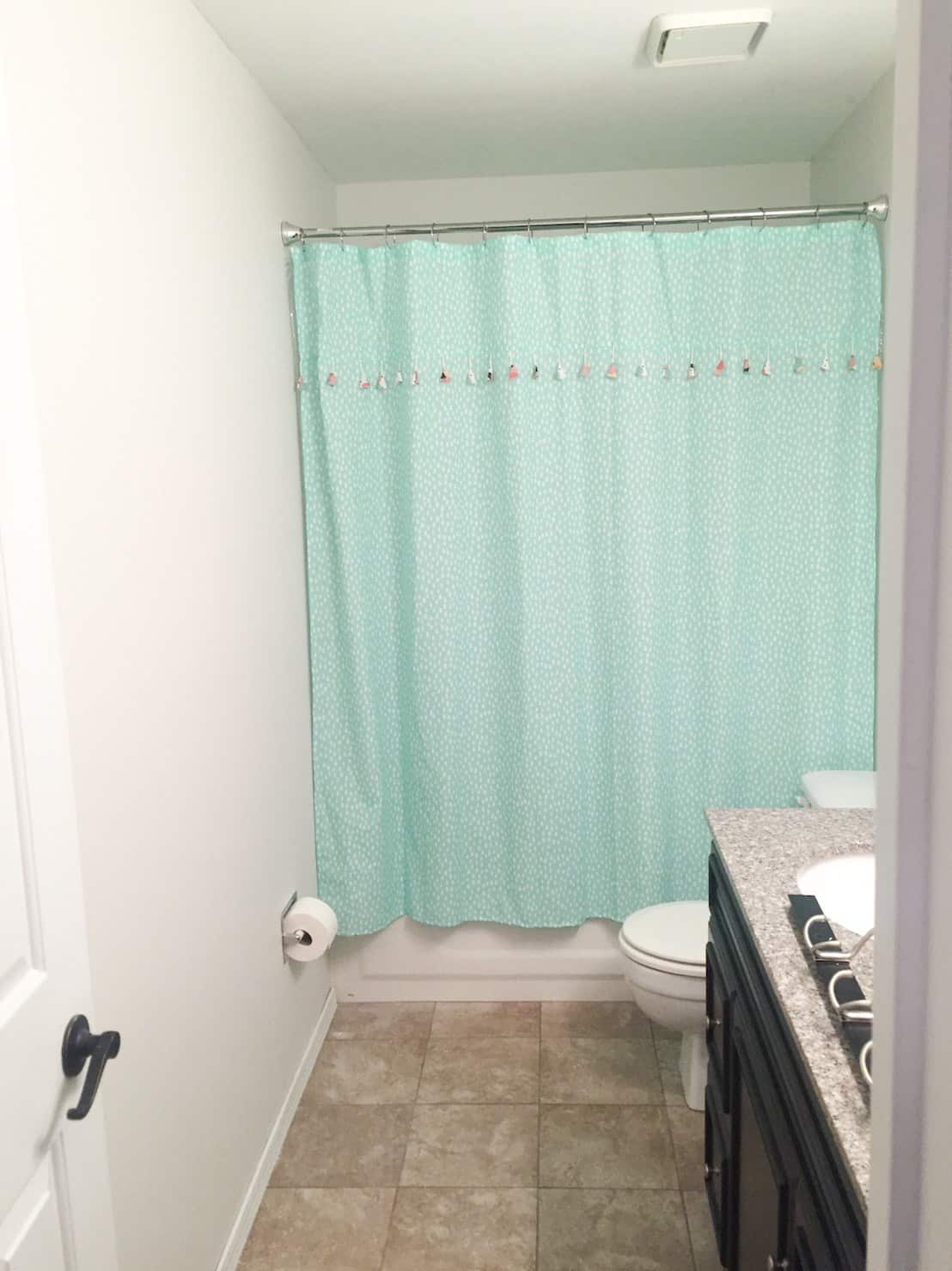 Bathroom with Teal Shower Curtain
