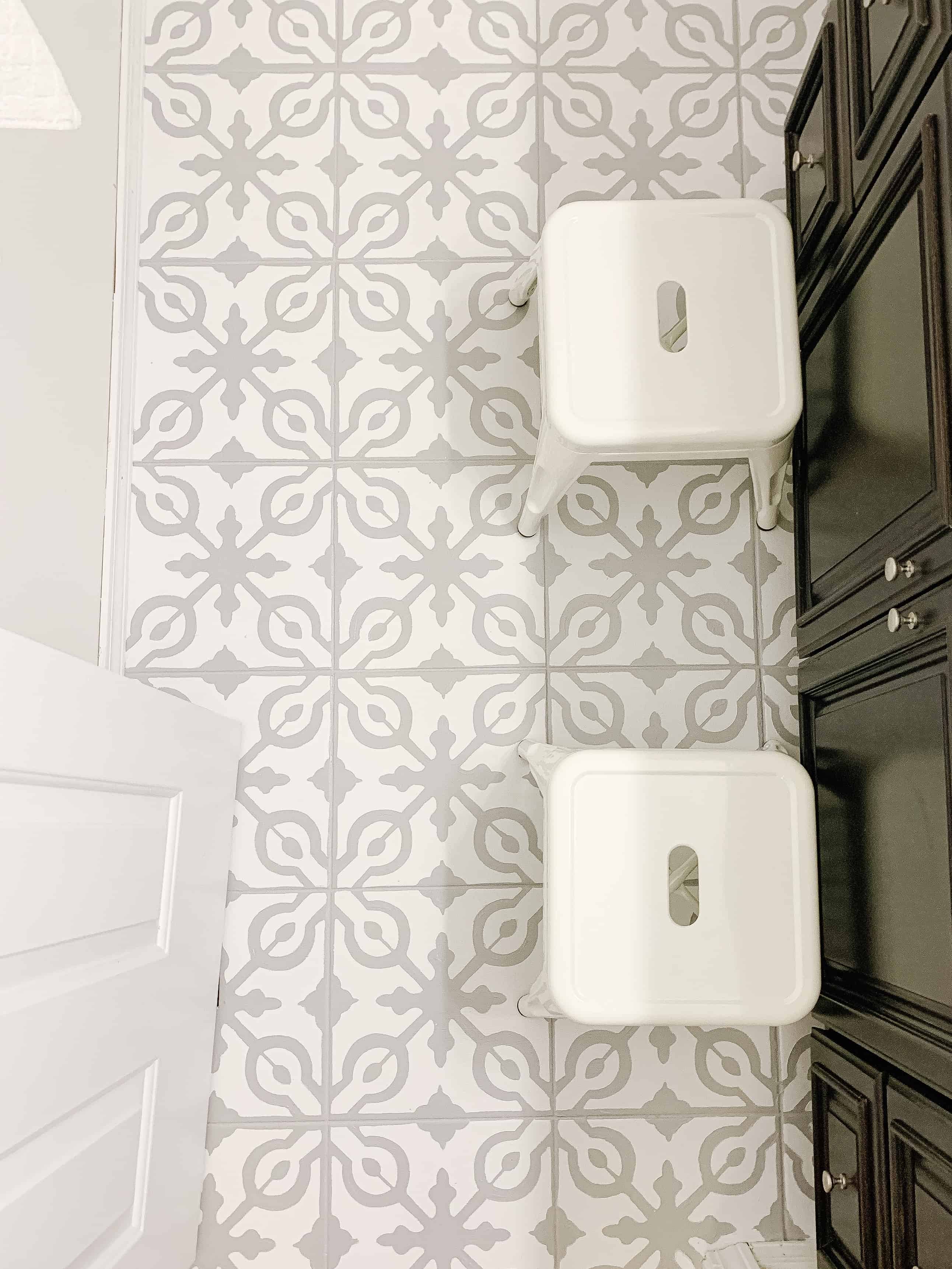 View of white metal stools on bathroom floor