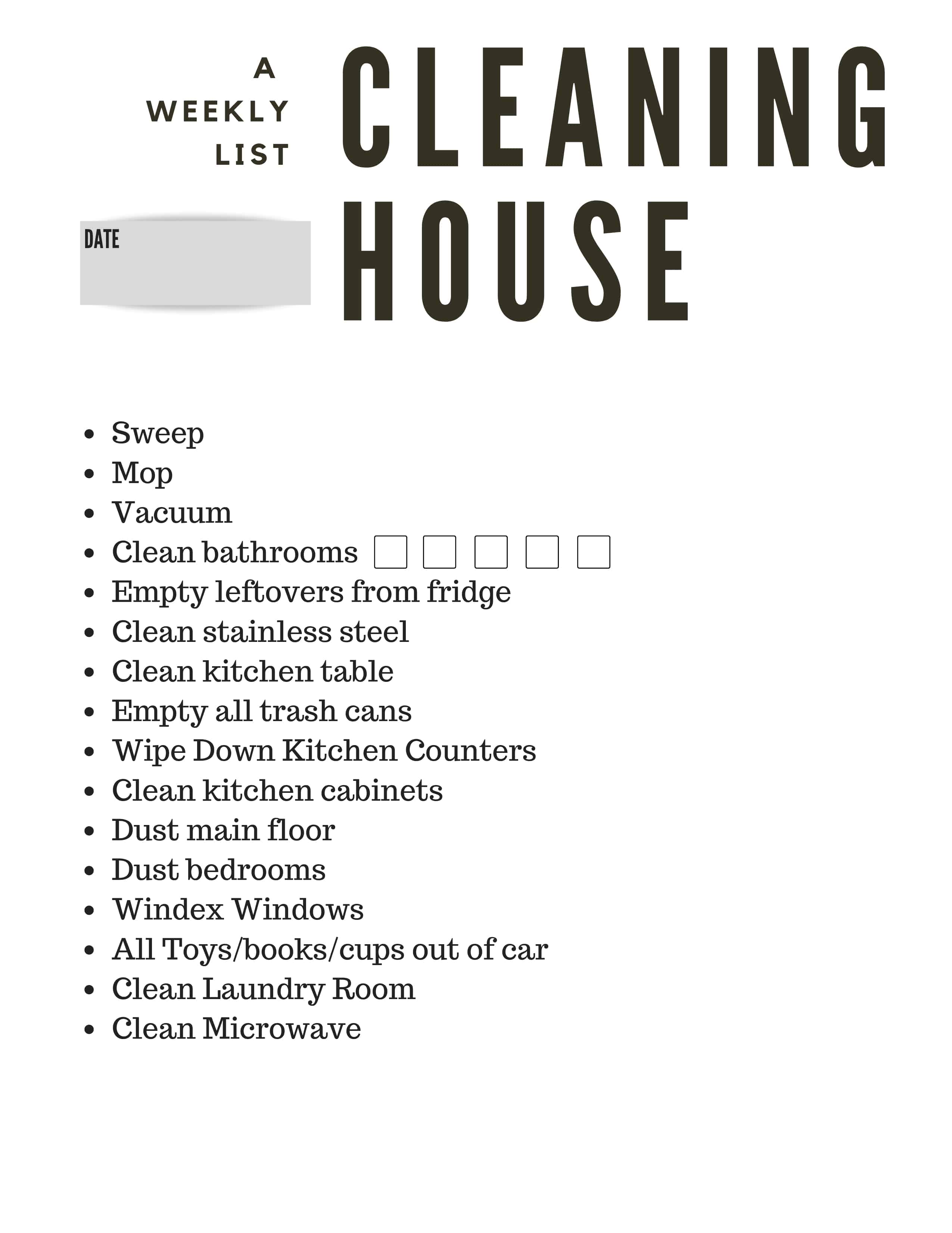 Free printable weekly cleaning list