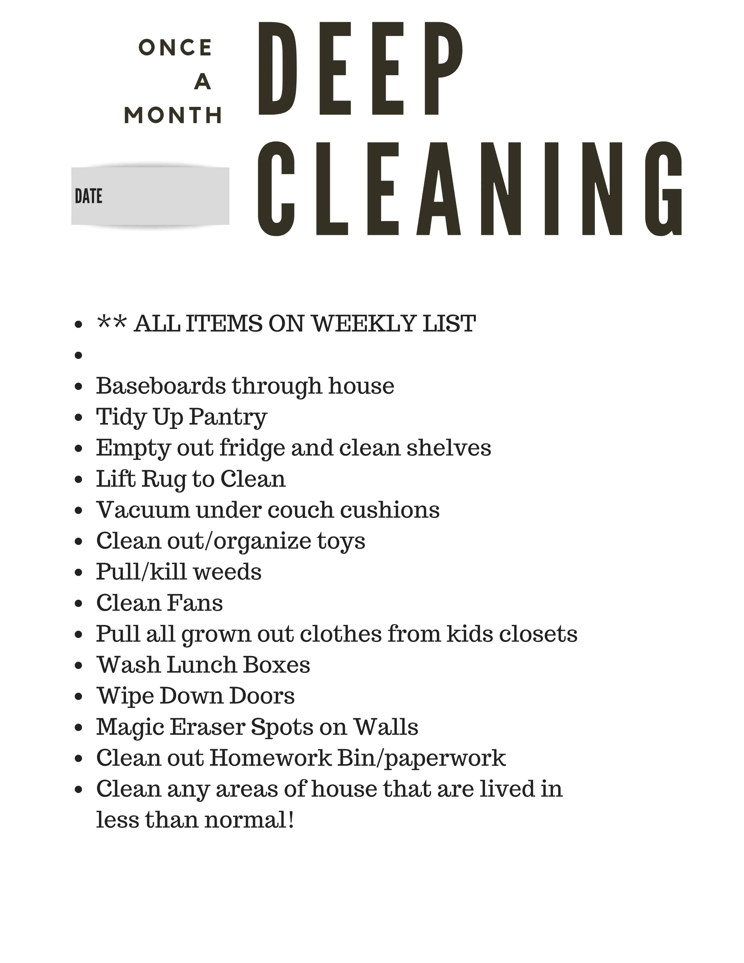 Monthly Deep Cleaning Free Cleaning List