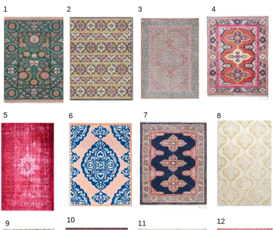 round up of pink feminine bohemian rugs