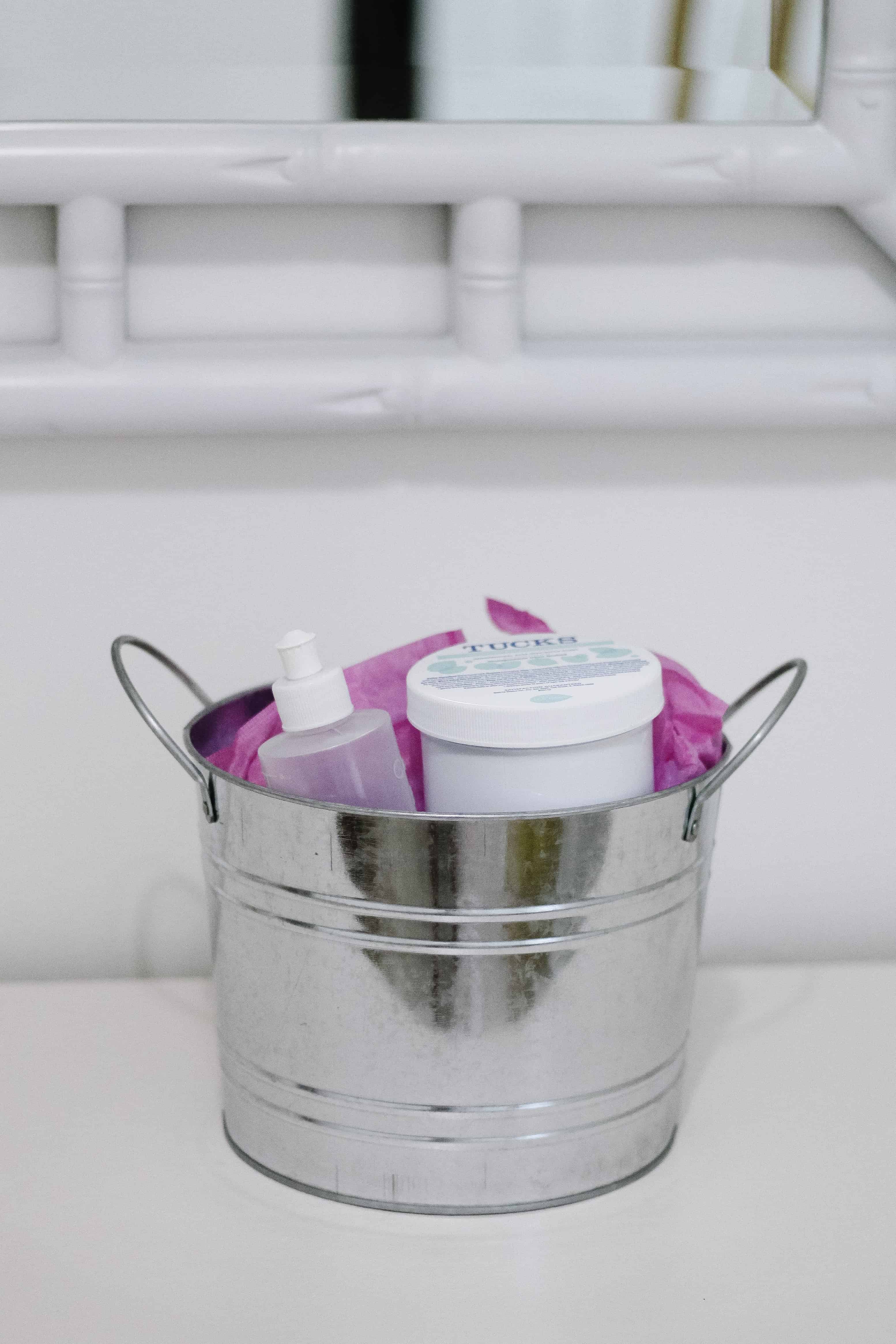 bucket with postpartum care items