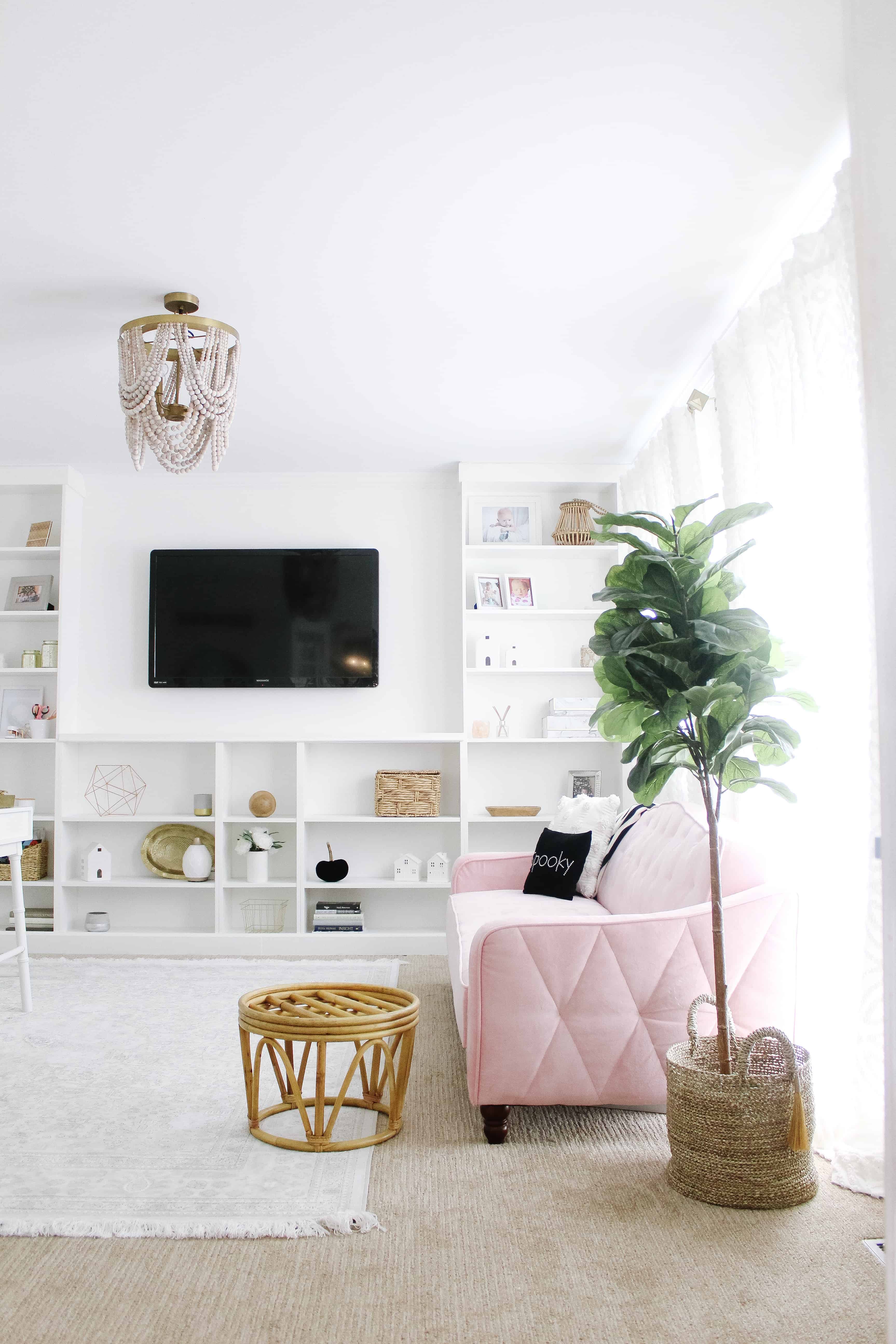 home office with pink couch