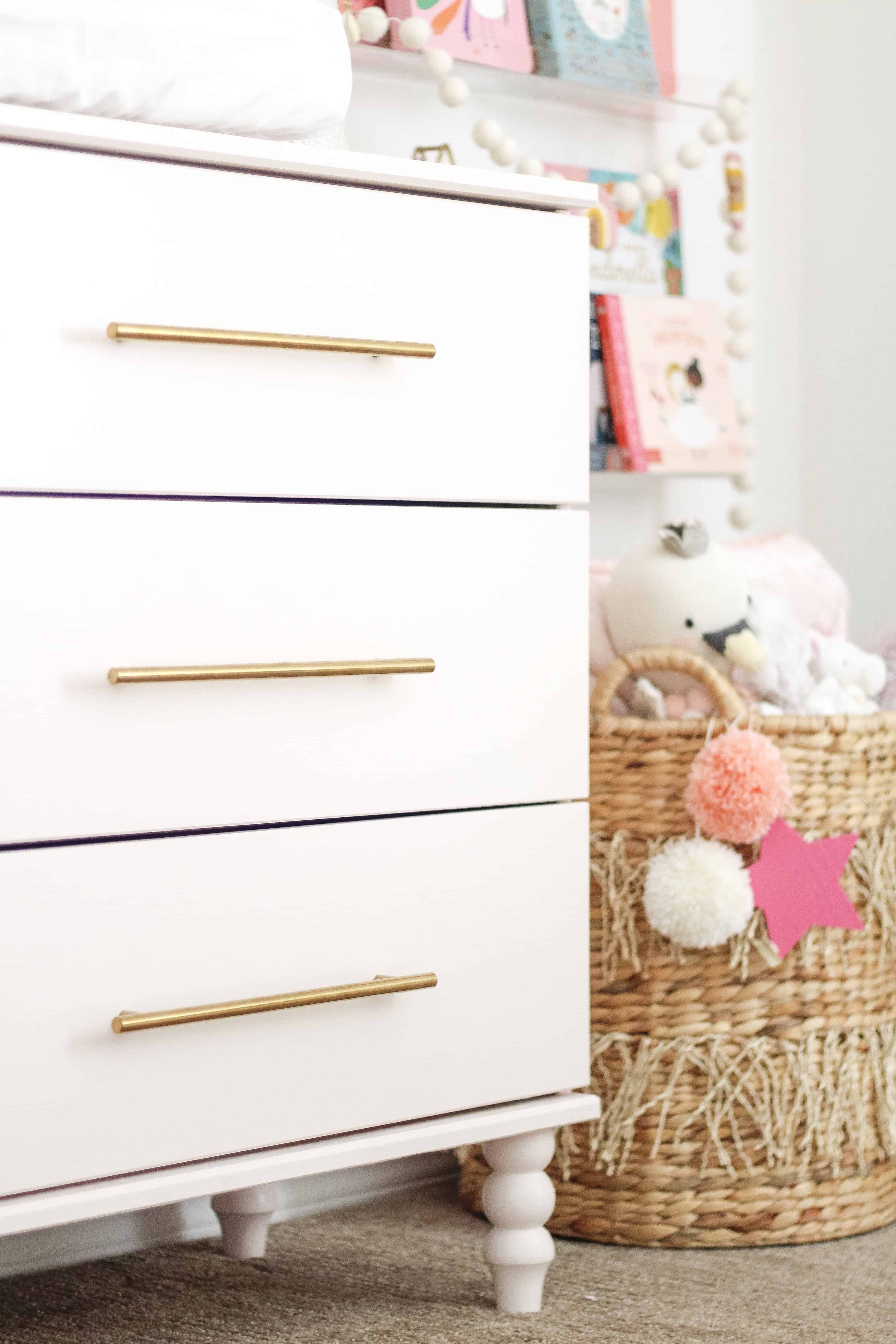 Ikea Tarva dresser in pink with gold drawer pulls