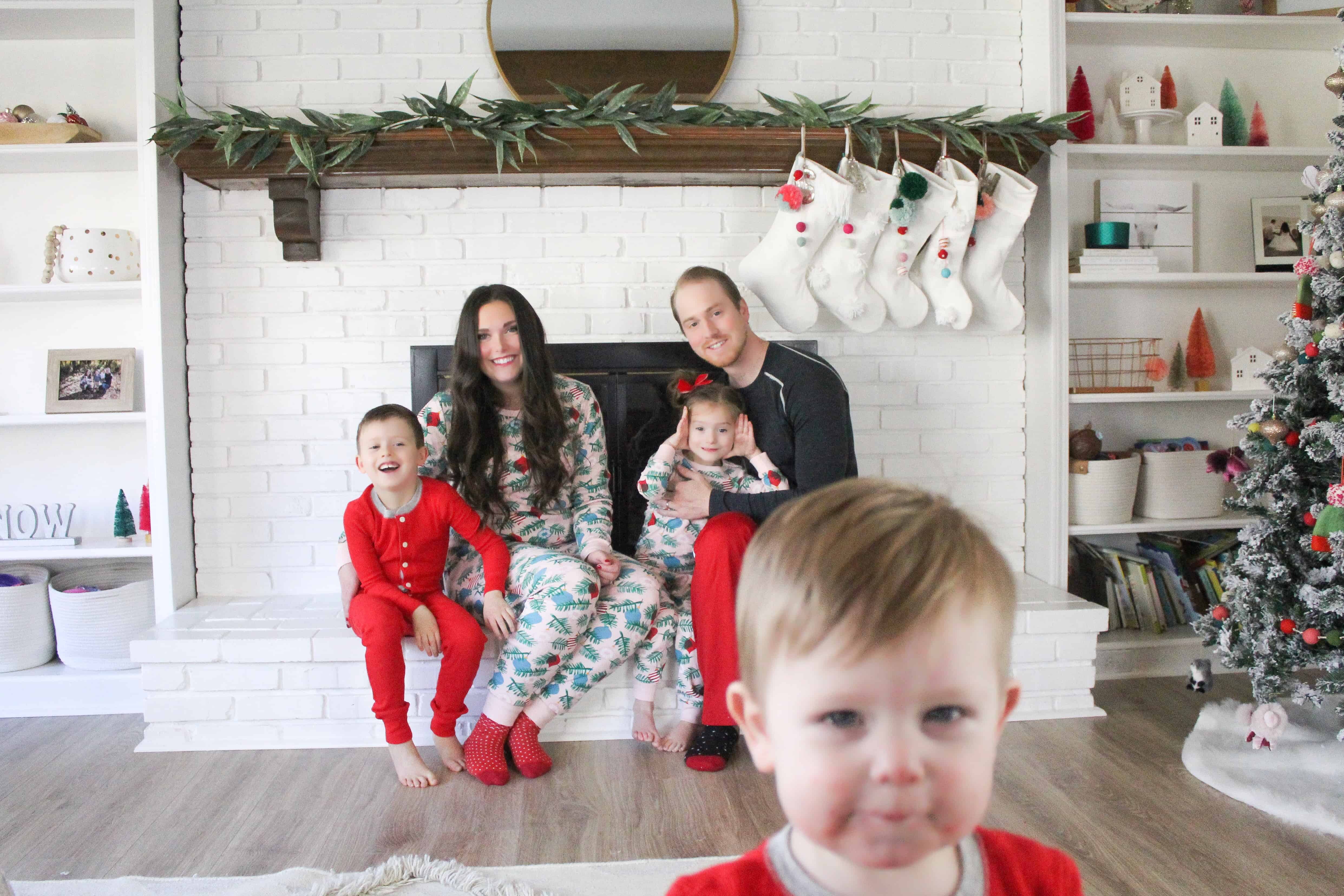 Family in Christmas Pajamas on Mantle