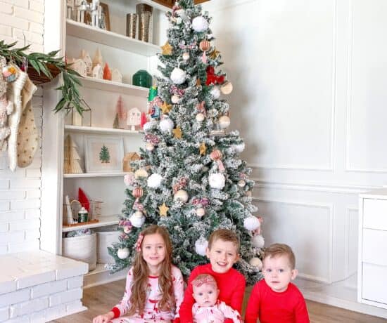 kids in coordinating family Christmas pajamas