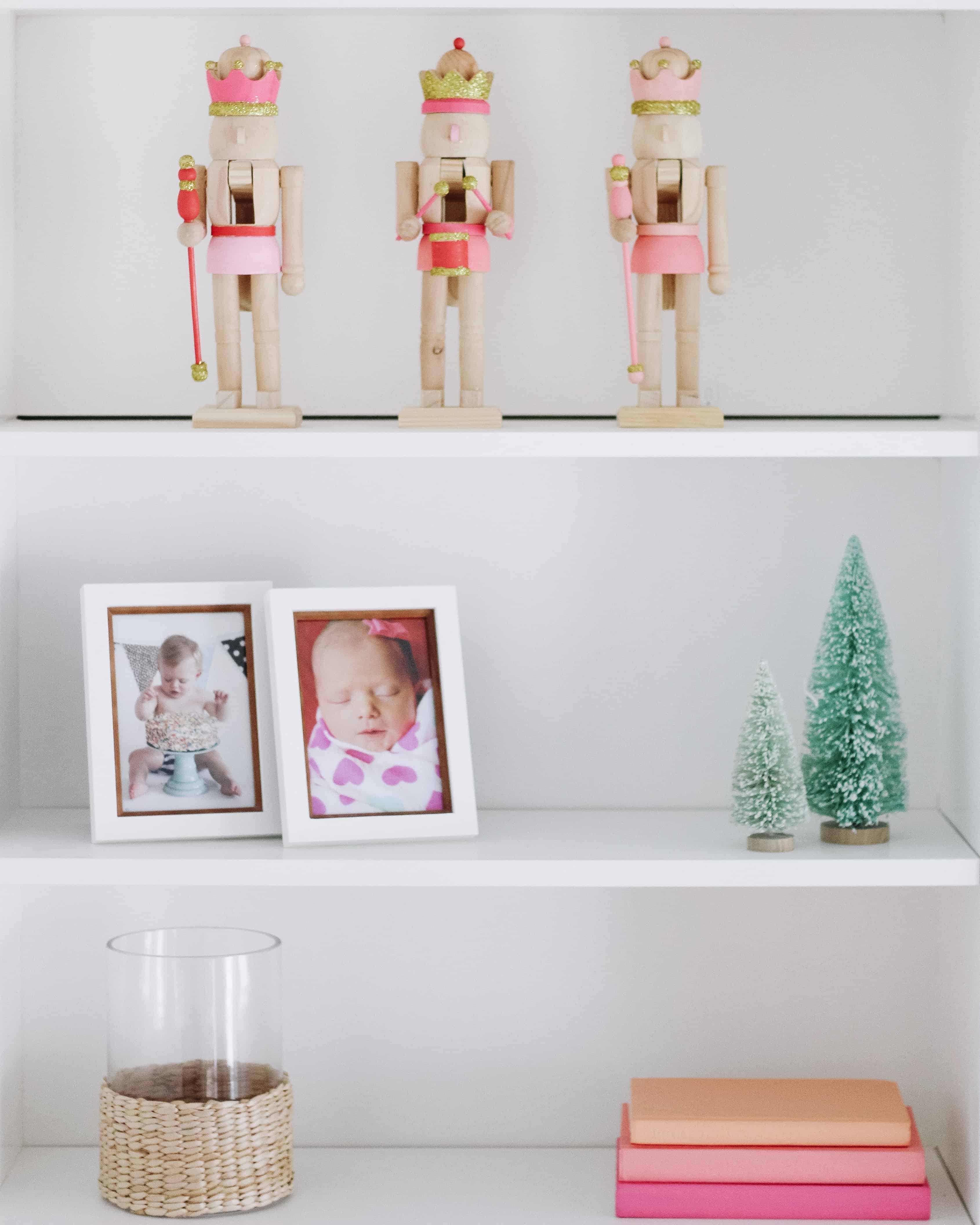 bright colorful Christmas decor on shelving