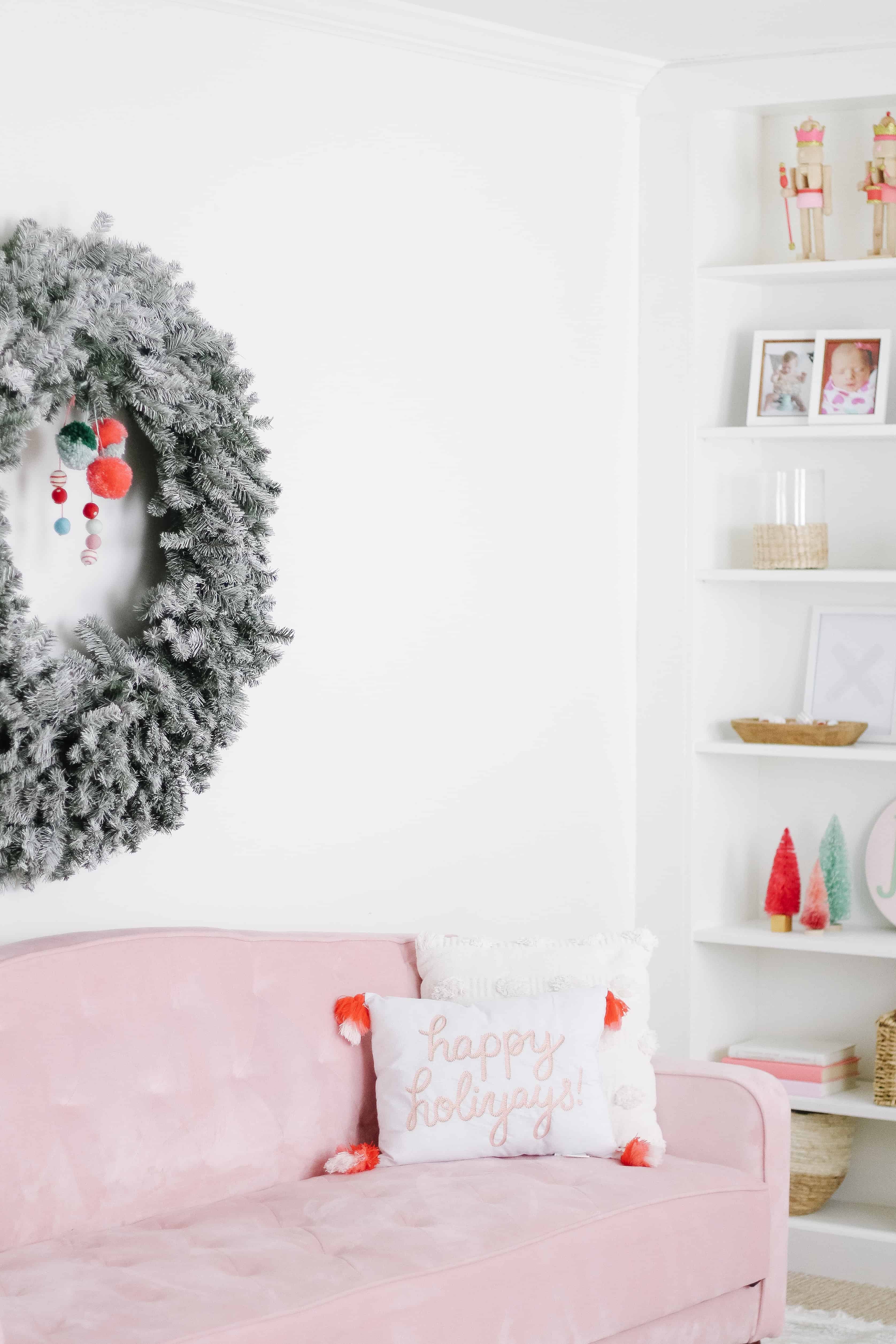 Pink Couch with large wreath