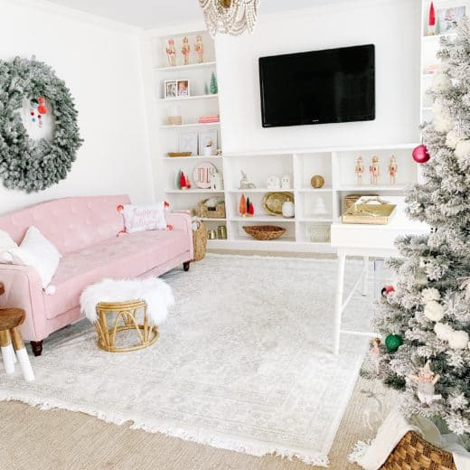 bright pink Christmas decor with pink couch