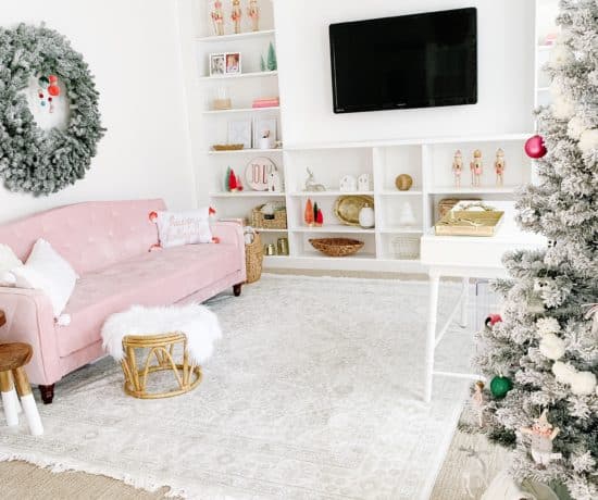 bright pink Christmas decor with pink couch