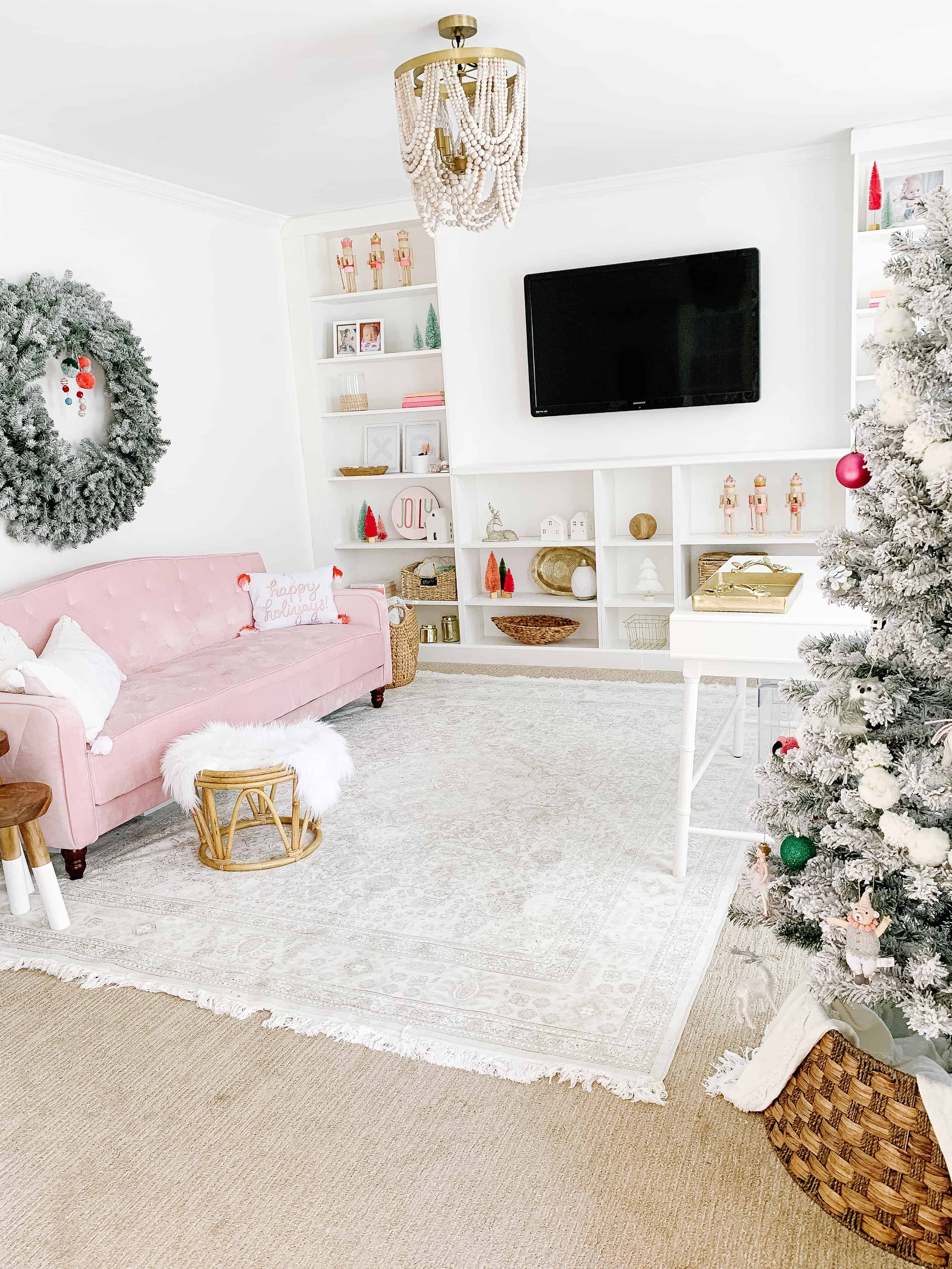 bright pink Christmas decor with pink couch