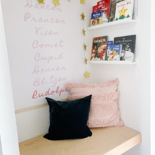 a hallway book nook with Christmas Books for kids