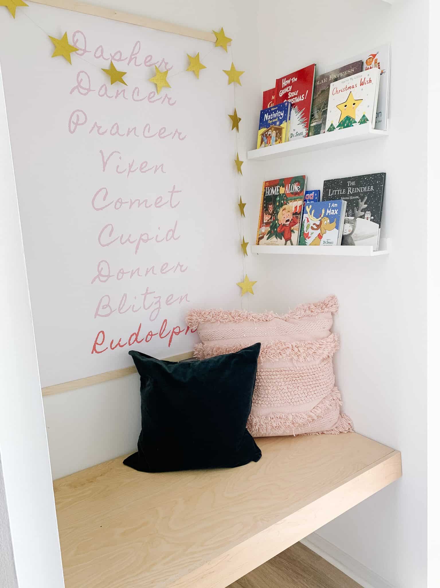 a hallway book nook with Christmas Books for kids